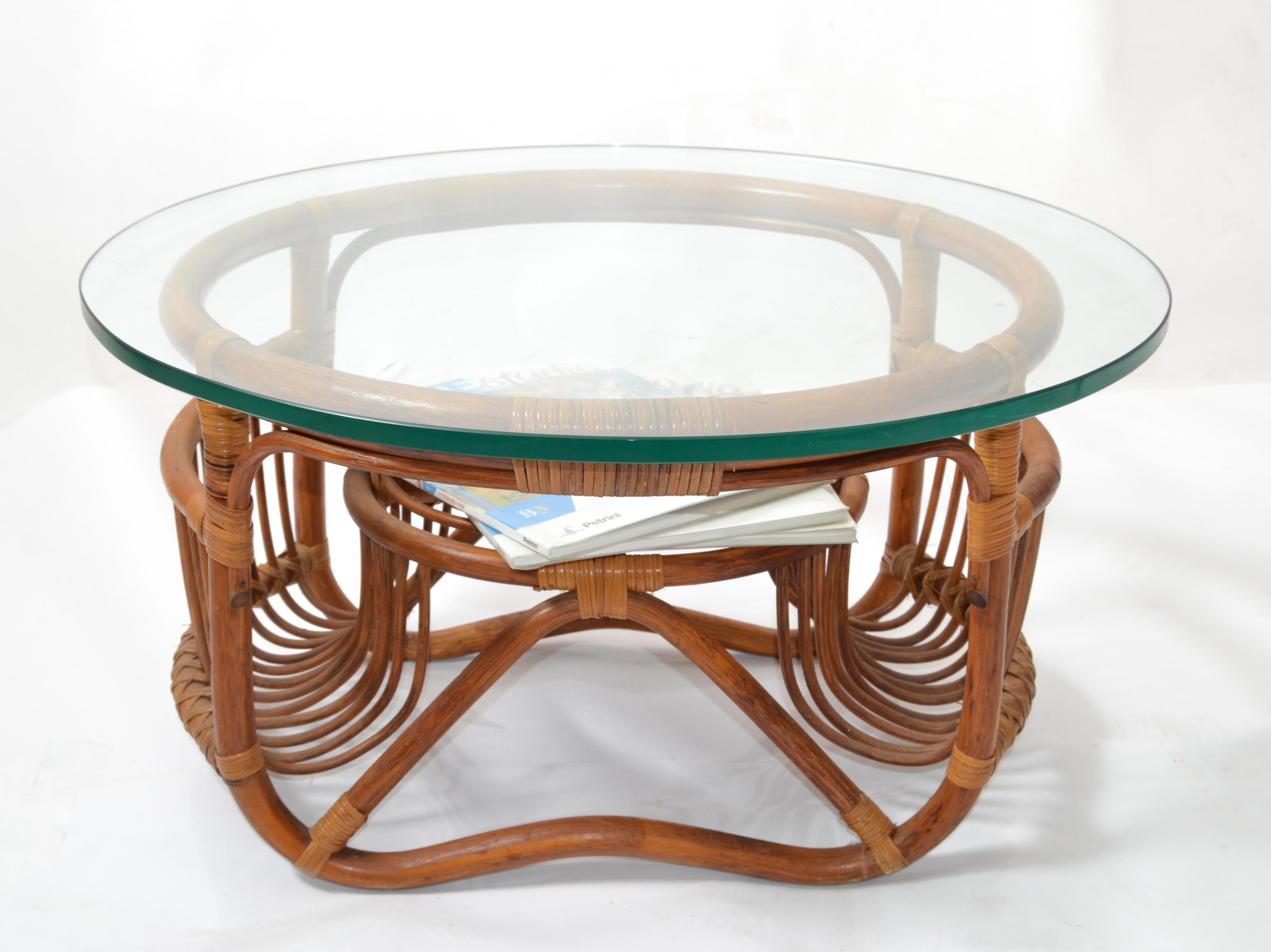 Late 20th Century Round Bohemian Chic Bend & Woven Bamboo Glass Top Coffee Table Magazine Stand For Sale