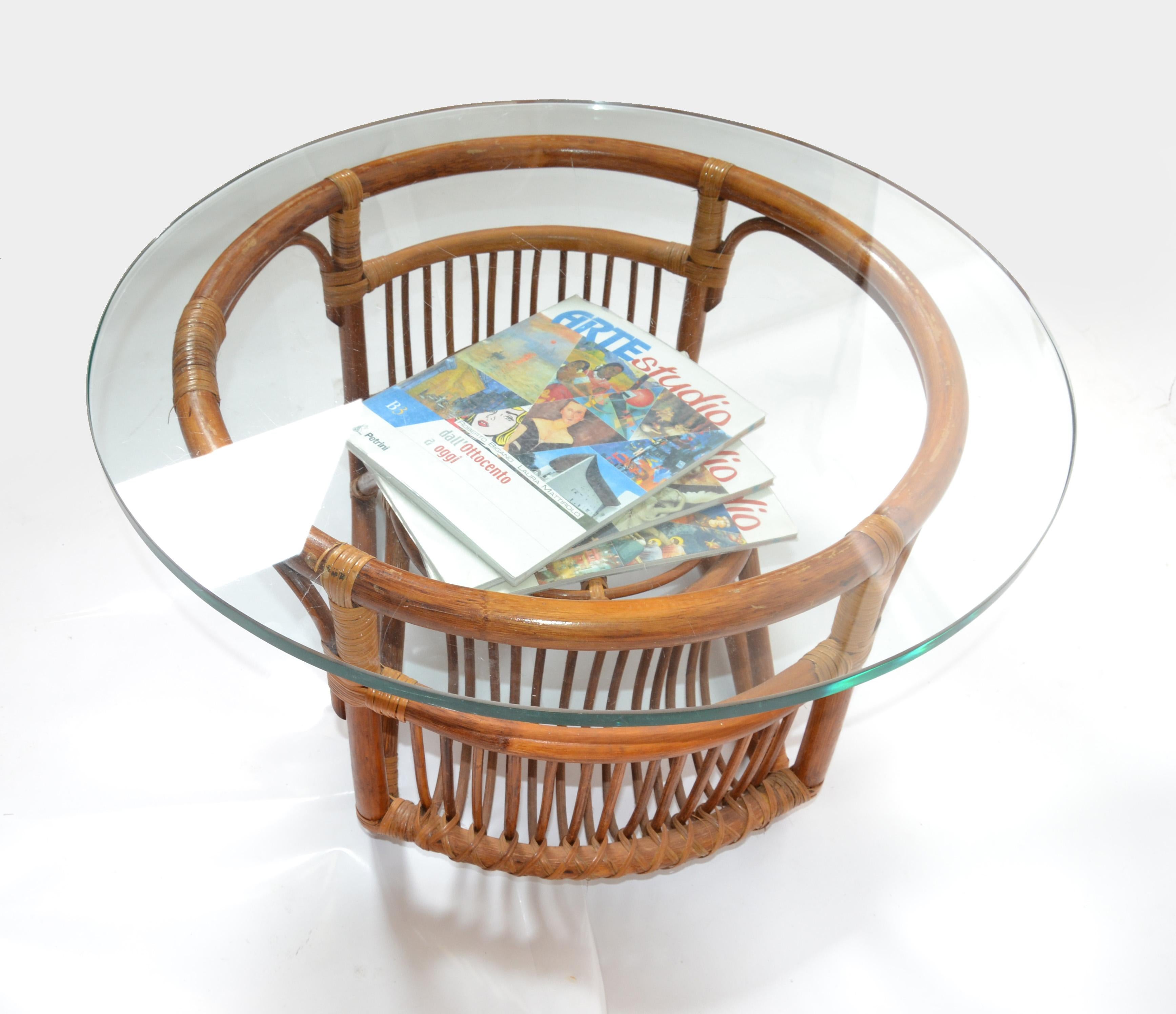 Round Bohemian Chic Bend & Woven Bamboo Glass Top Coffee Table Magazine Stand For Sale 1
