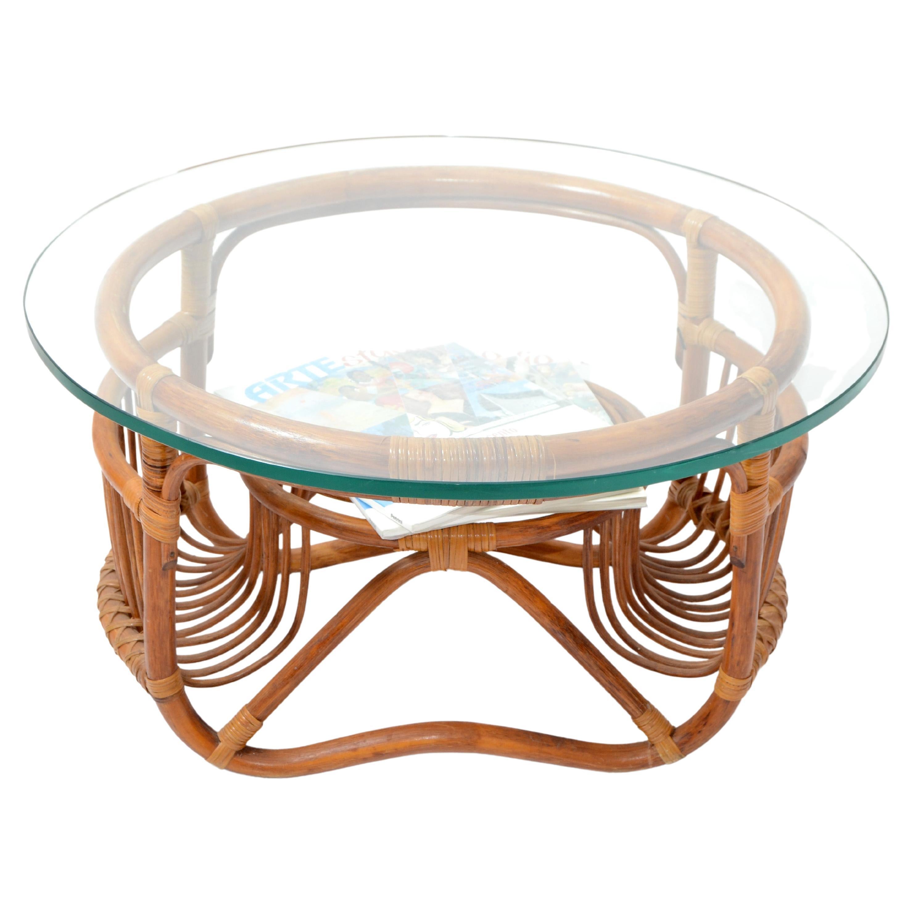 ZRI Bamboo Side Table Set Round Coffee Table Glass Table Living Room Table Glass Top 