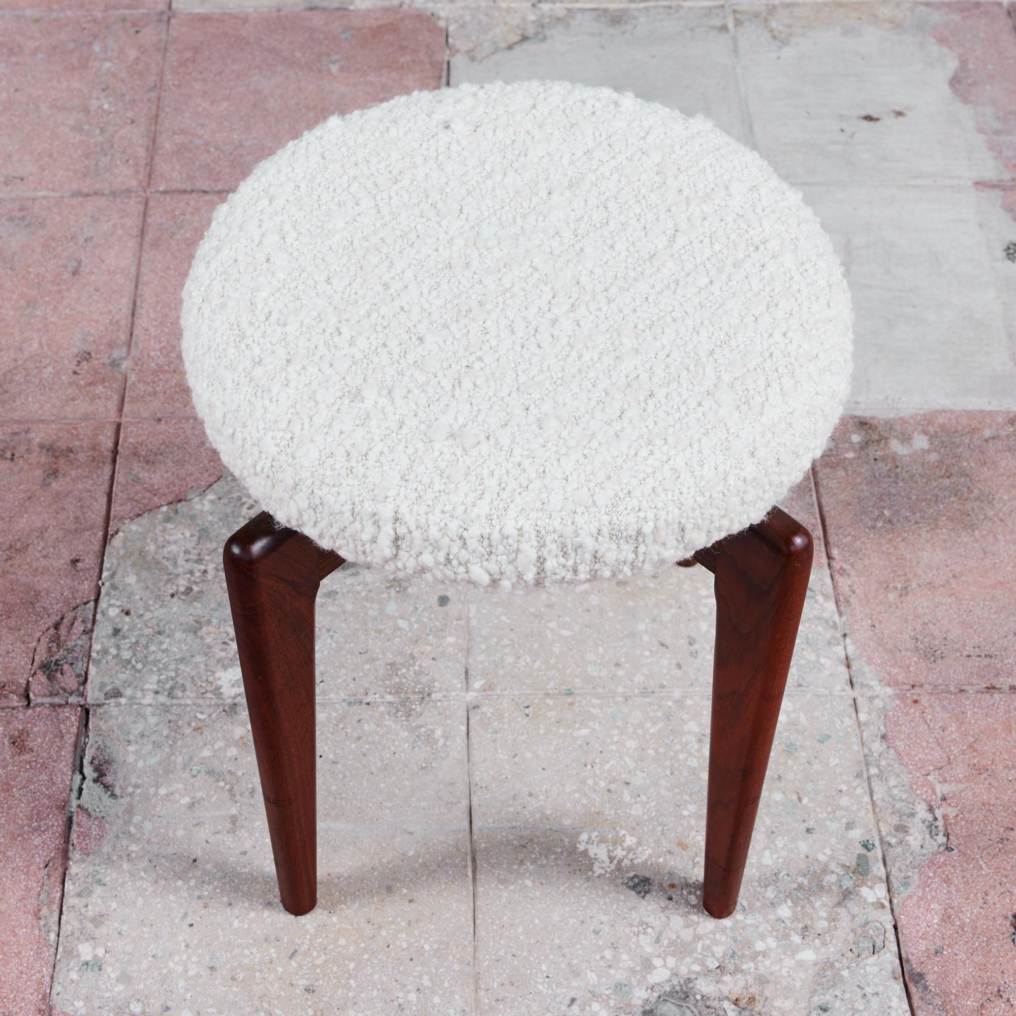 Walnut Round Boucle Upholstered Stool For Sale