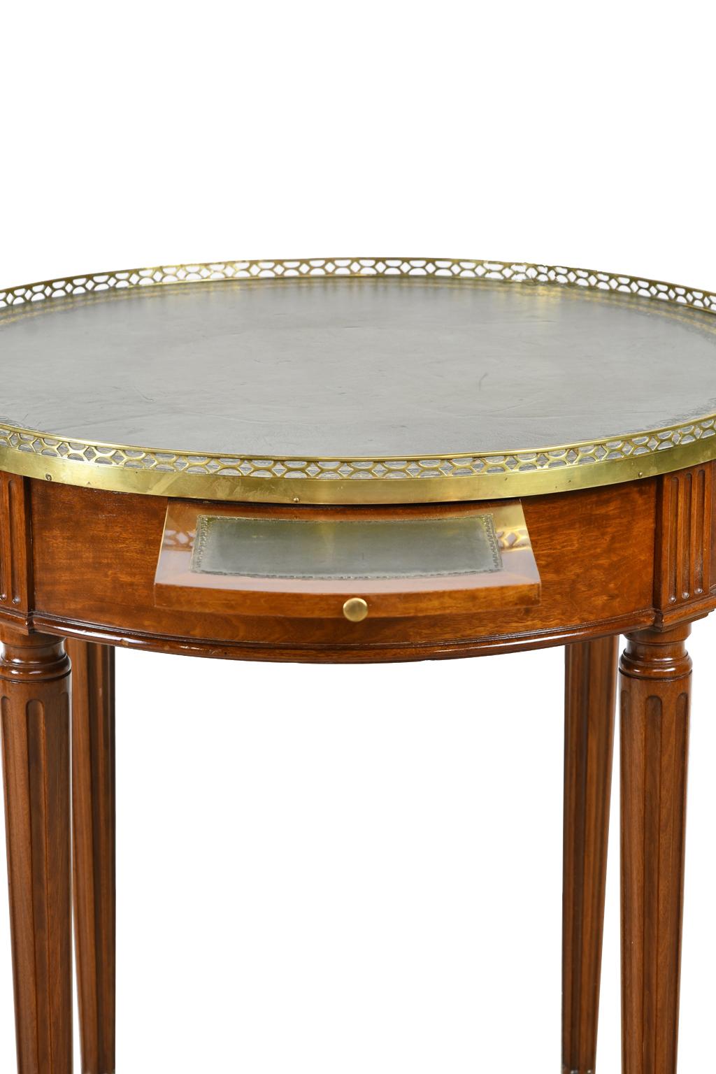 Directoire Round Bouillotte Table in Mahogany with Green Tooled Leather Top, France