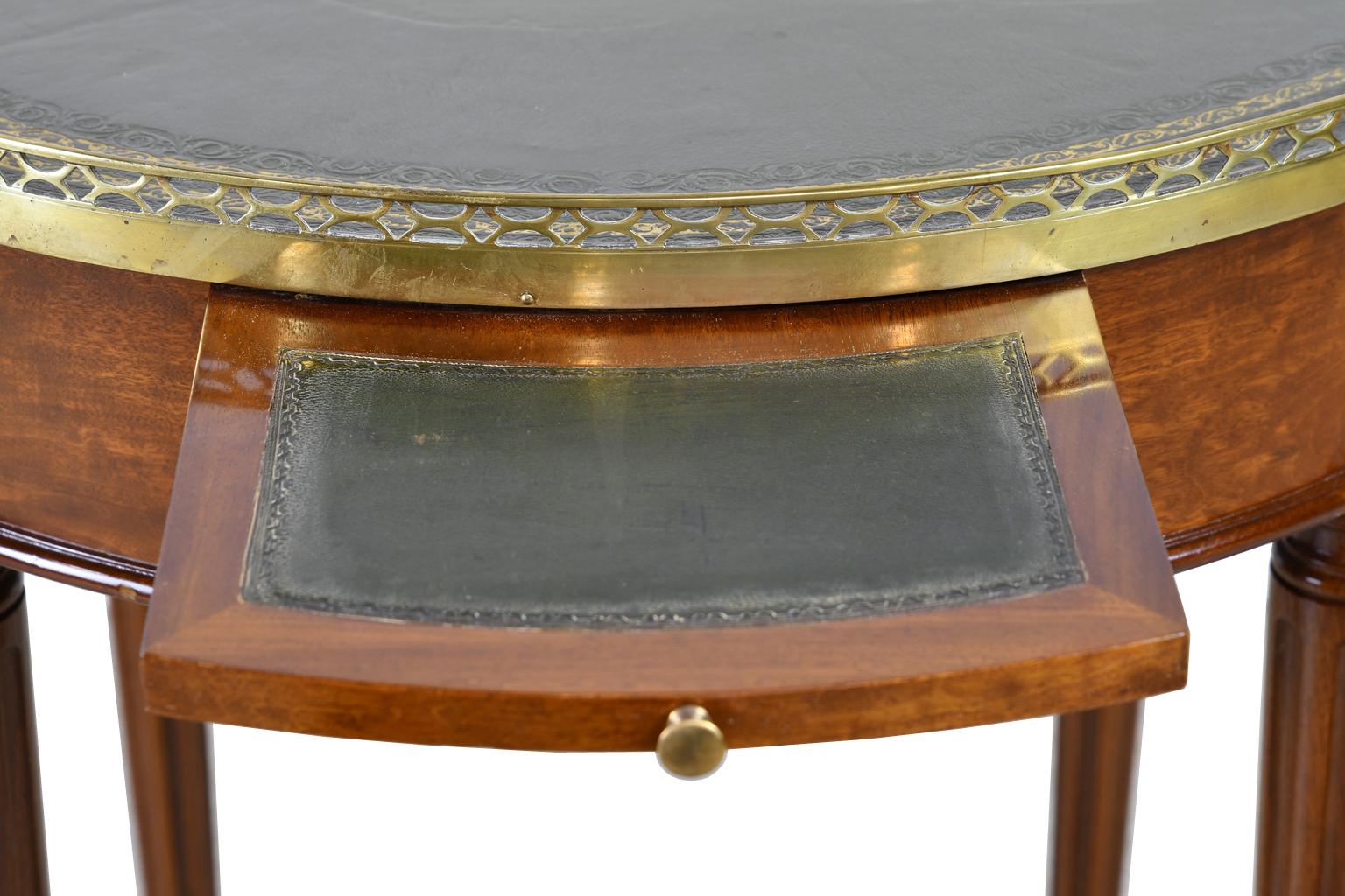 French Round Bouillotte Table in Mahogany with Green Tooled Leather Top, France