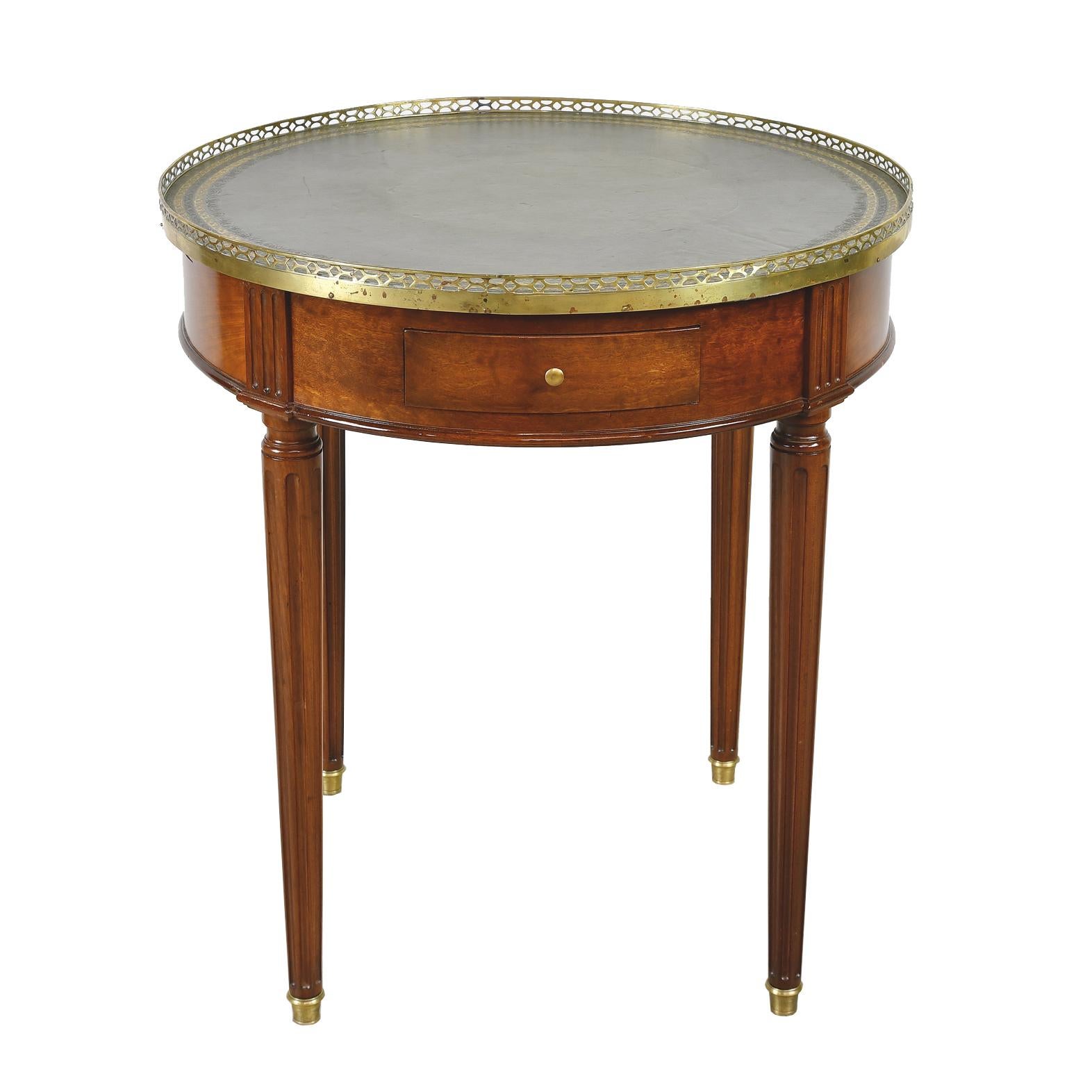 Embossed Round Bouillotte Table in Mahogany with Green Tooled Leather Top, France