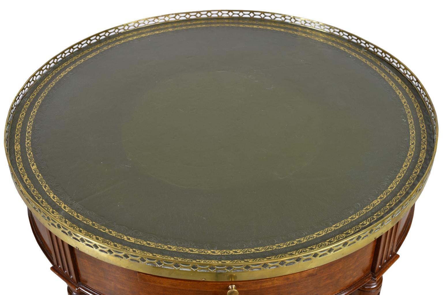 Round Bouillotte Table in Mahogany with Green Tooled Leather Top, France 1