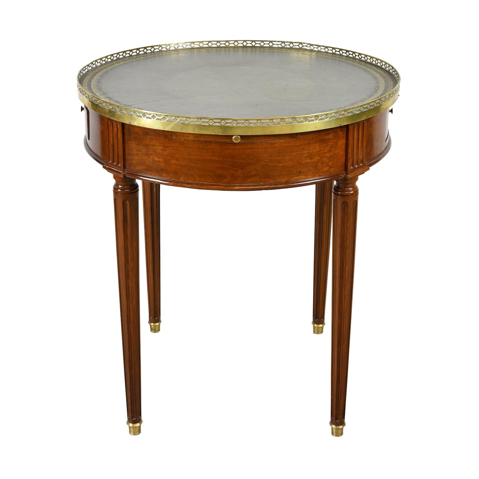 Round Bouillotte Table in Mahogany with Green Tooled Leather Top, France