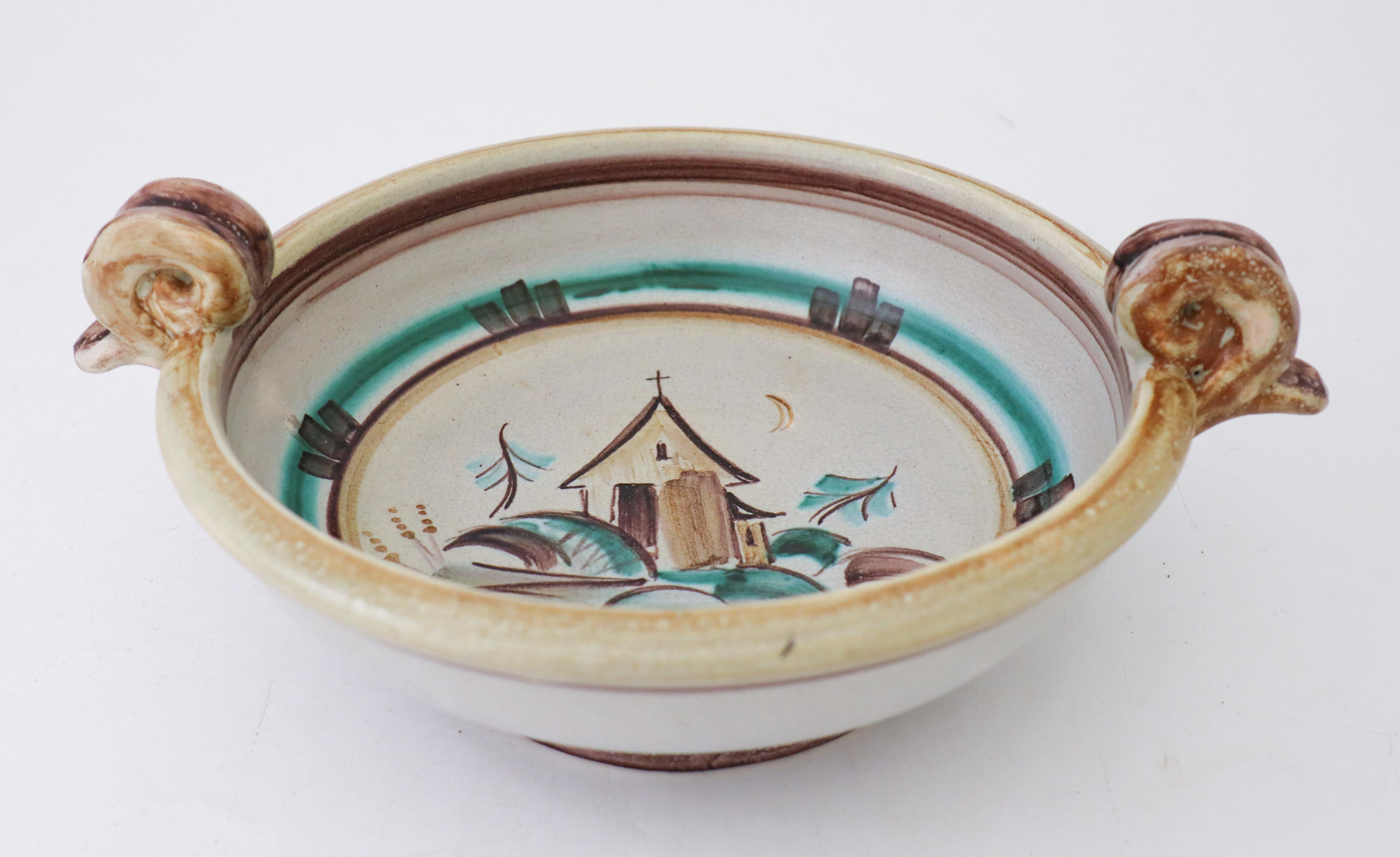 Scandinavian Modern Round Bowl Ceramics, Bo Fajans, Sweden, 1930s, Naive motive For Sale