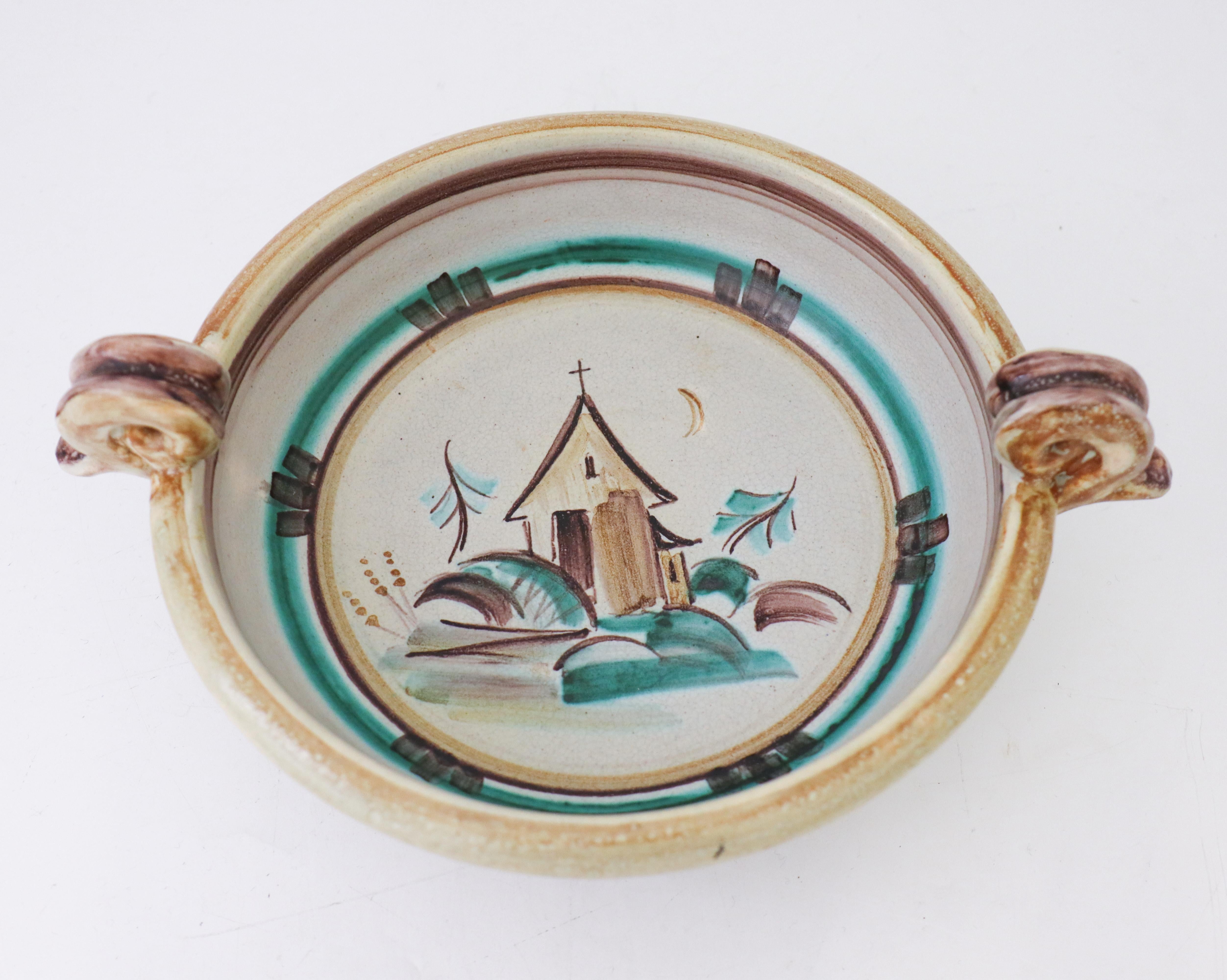 Swedish Round Bowl Ceramics, Bo Fajans, Sweden, 1930s, Naive motive For Sale