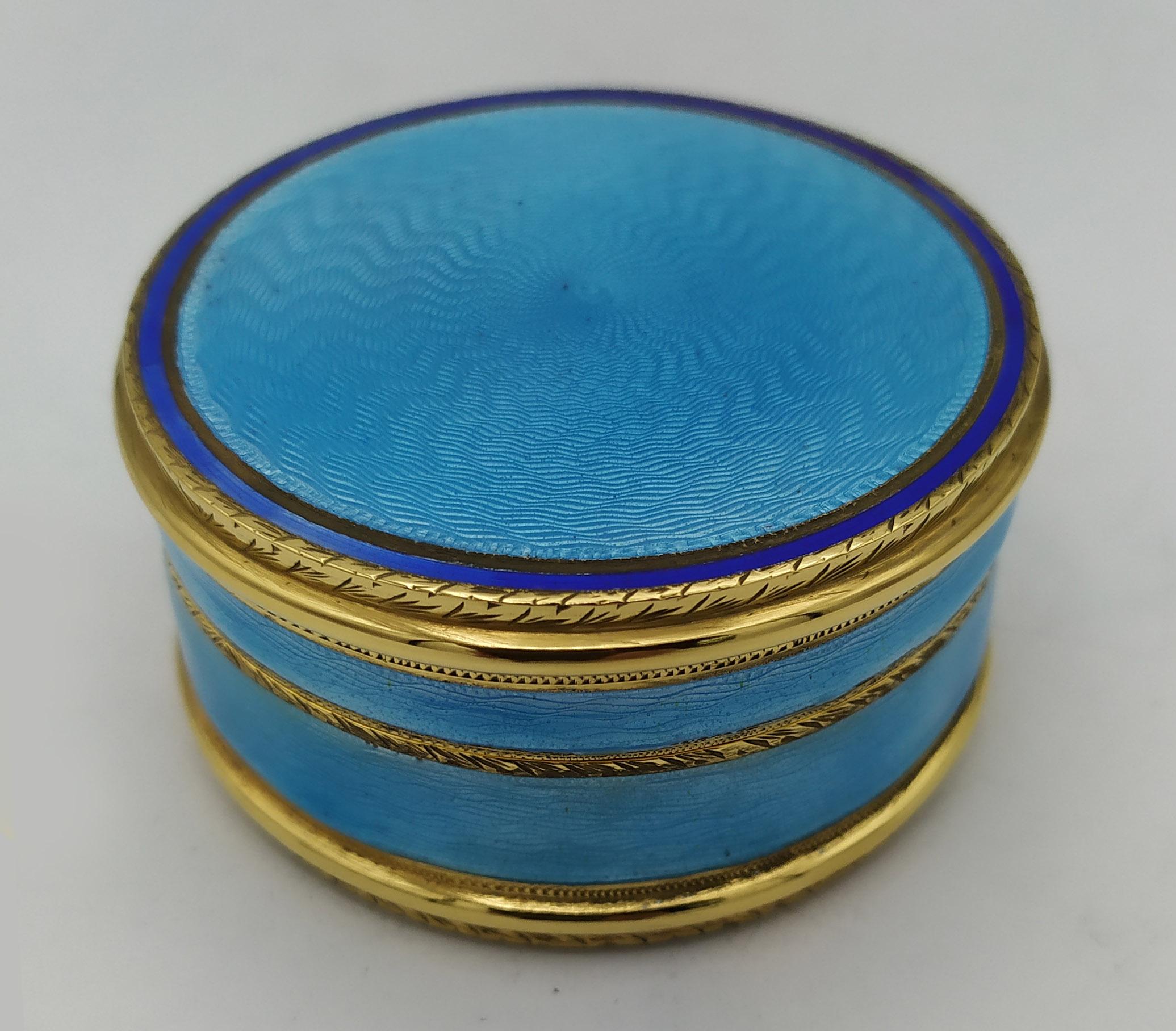 Caja redonda esmalte azul claro y negro Salimbeni Oro en venta