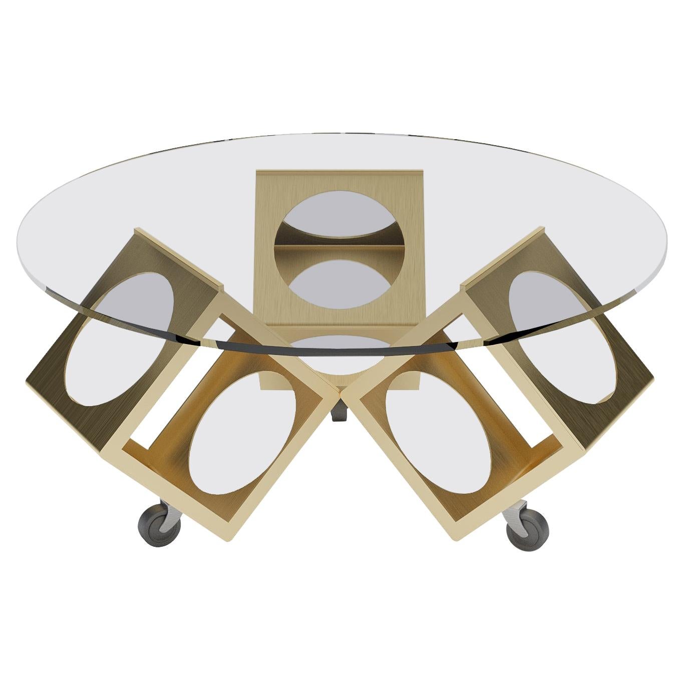 Table ronde sur roulettes, conçue par Laurie Beckerman