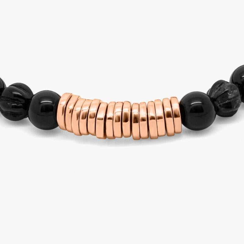 Women's Round Bracelet with Black Agate and Rose Gold Plated Sterling Silver, Size S For Sale