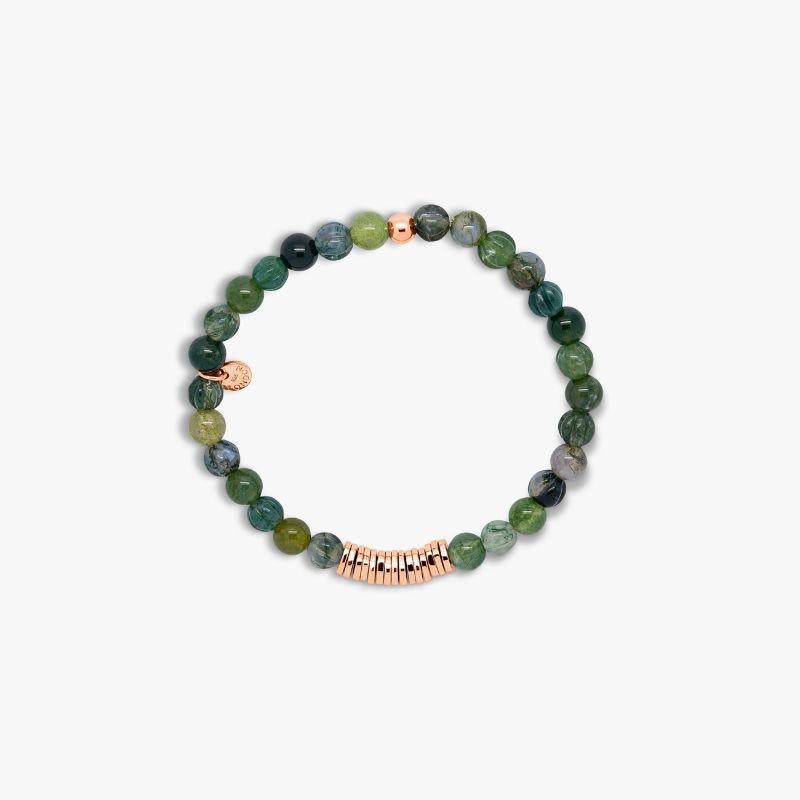 Discs Round bracelet with moss agate and rose gold plated sterling silver, Size S

A series of bracelets featuring spherical semi-precious stone beads, separated by a group of irregularly finished 2 micron rose gold plated sterling silver disc