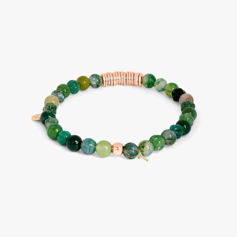 Round Bracelet with Moss Agate and Rose Gold Plated Sterling Silver, Size S In New Condition For Sale In Fulham business exchange, London