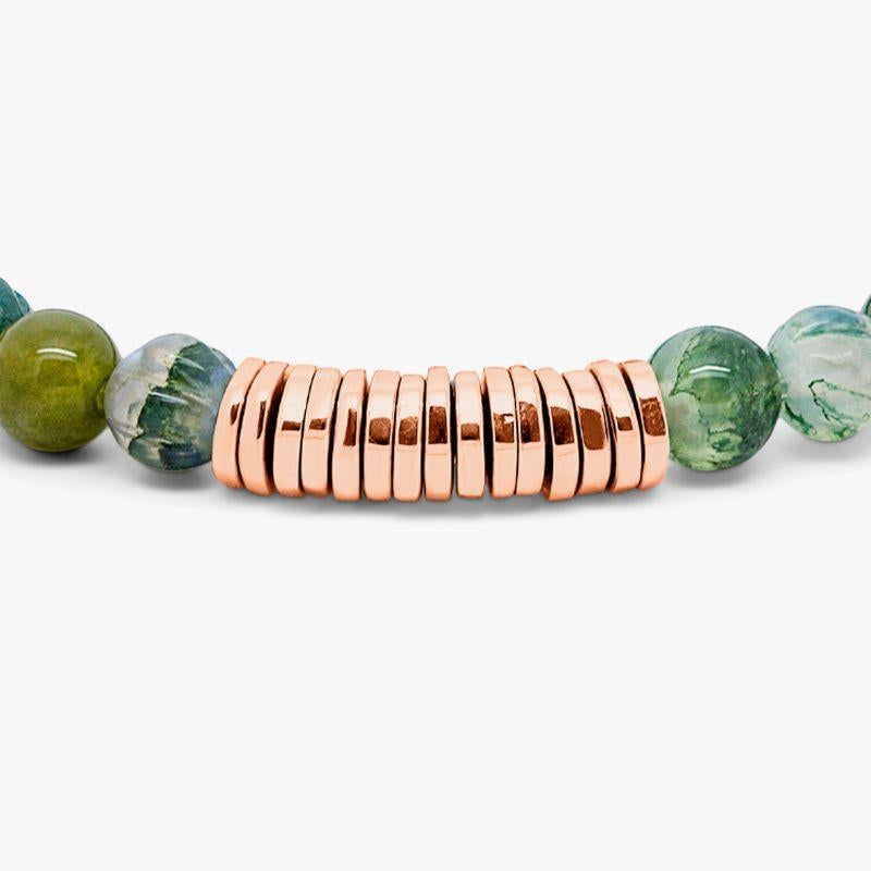 Women's Round Bracelet with Moss Agate and Rose Gold Plated Sterling Silver, Size S For Sale