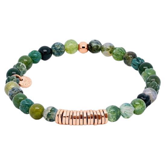 Round Bracelet with Moss Agate and Rose Gold Plated Sterling Silver, Size S For Sale