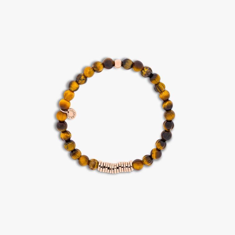 Discs Round bracelet with tiger eye and rose gold plated sterling silver, Size S

A series of bracelets featuring spherical semi-precious stone beads, separated by a group of irregularly finished 2 micron rose gold plated sterling silver disc beads,