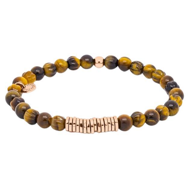 Round Bracelet with Tiger Eye and Rose Gold Plated Sterling Silver, Size S