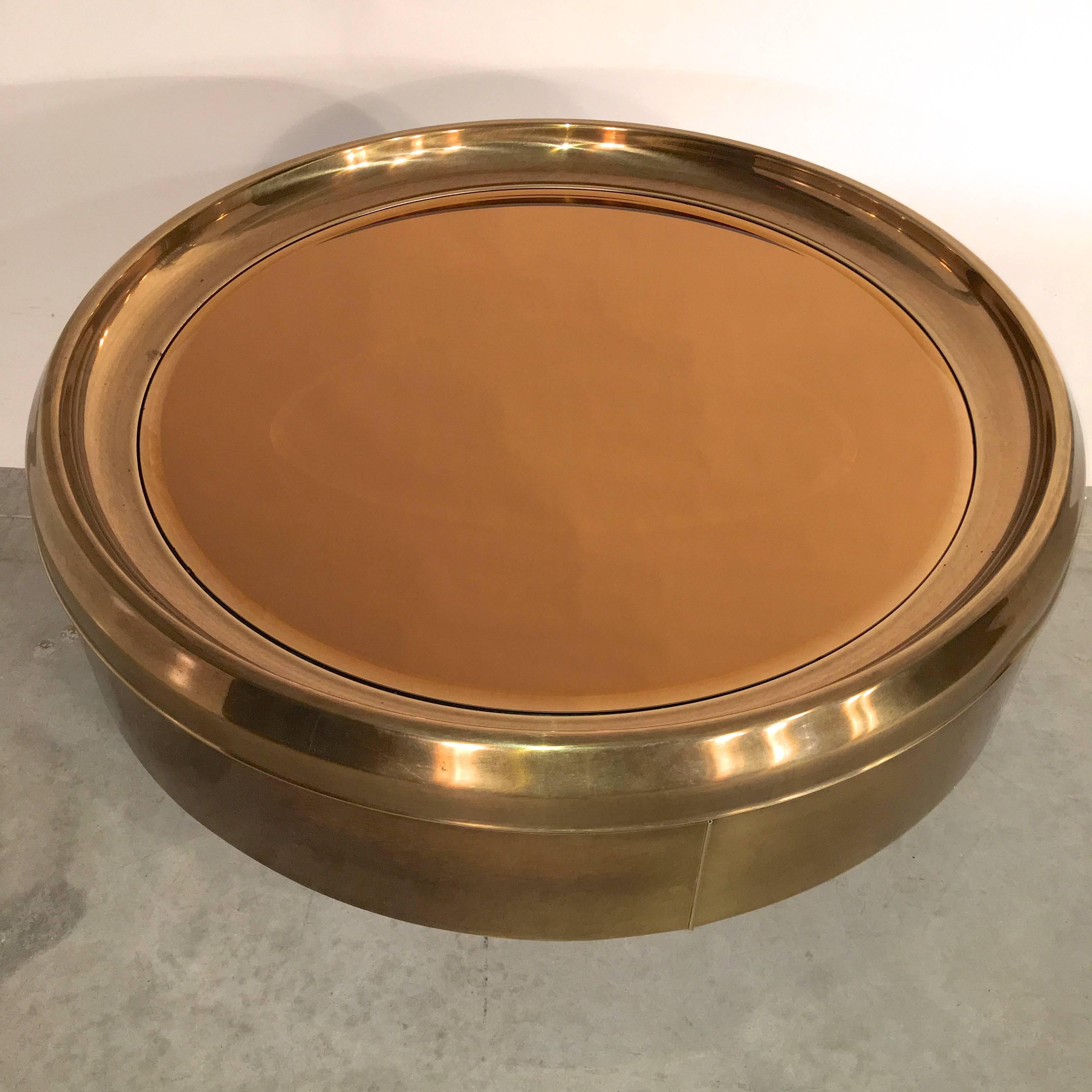 American Round Brass and Bronze Mirror Cocktail Table by Mastercraft