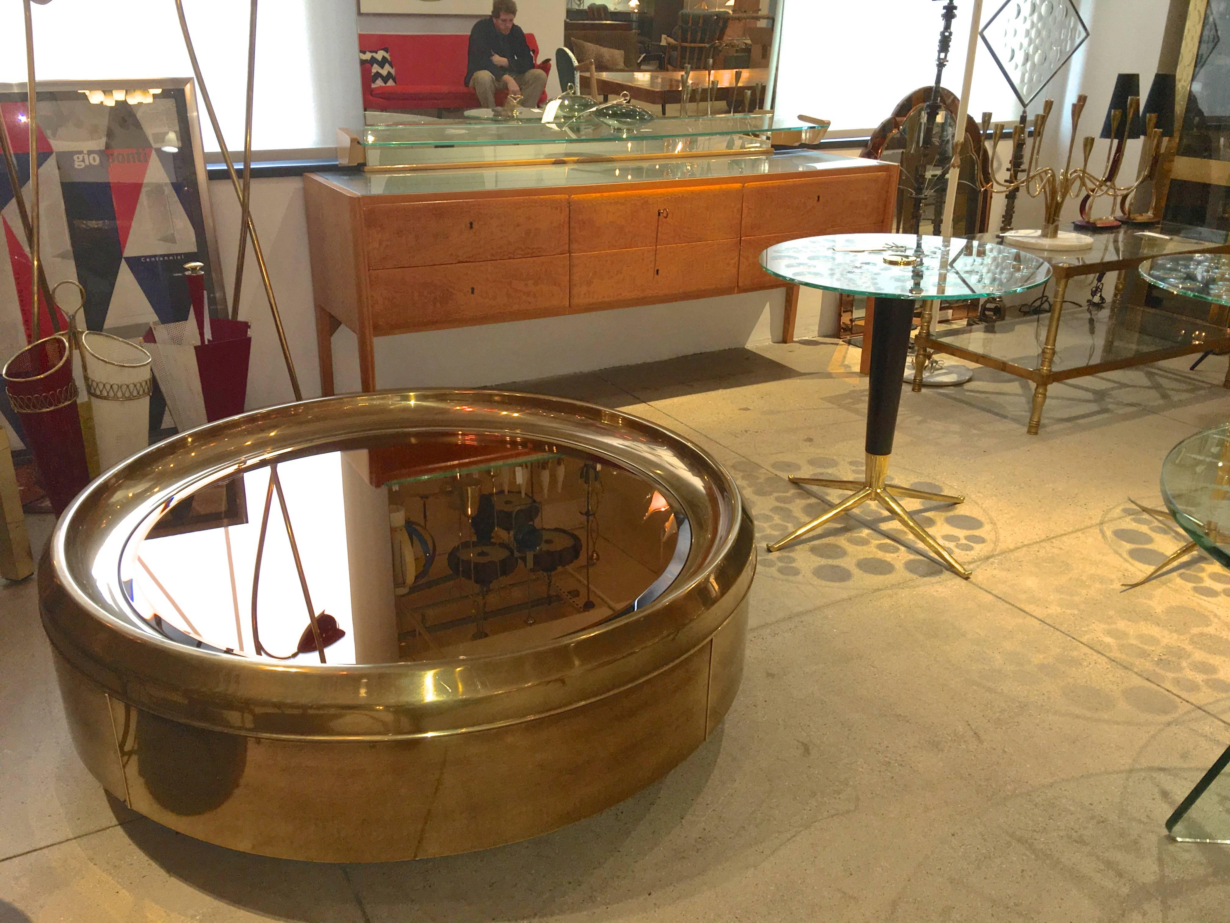 Mid-Century Modern Round Brass and Bronze Mirror Cocktail Table by Mastercraft