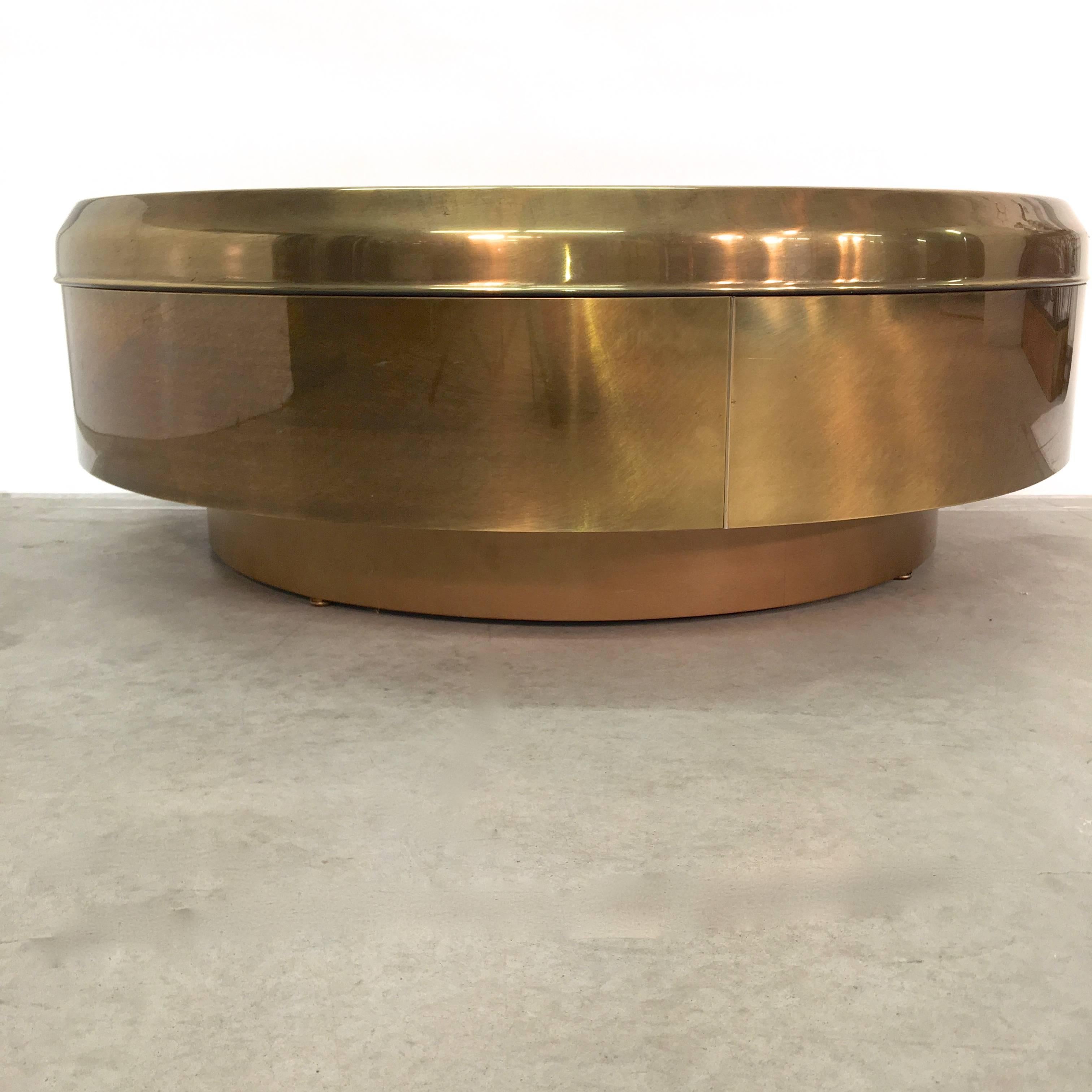 Late 20th Century Round Brass and Bronze Mirror Cocktail Table by Mastercraft