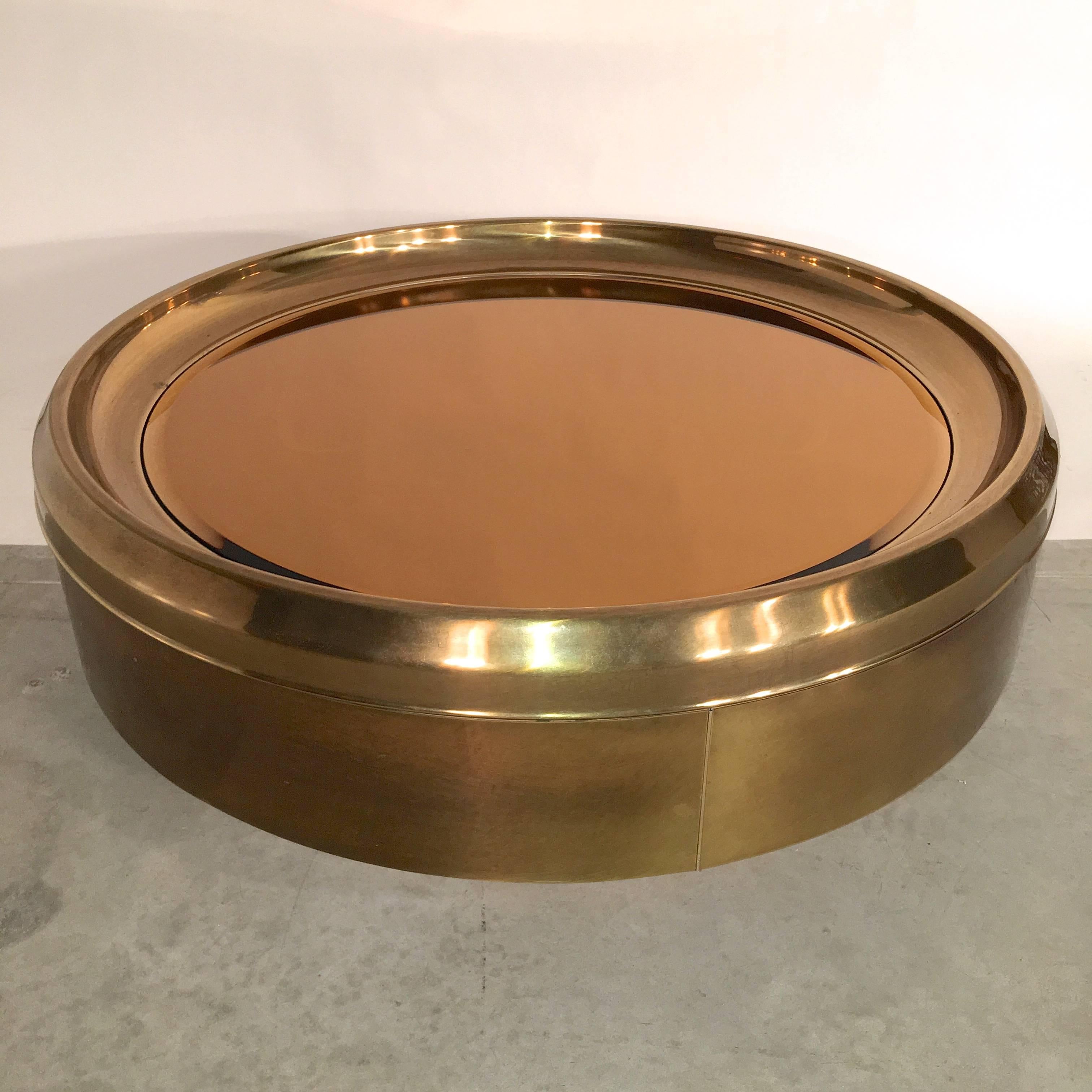 Round Brass and Bronze Mirror Cocktail Table by Mastercraft 4