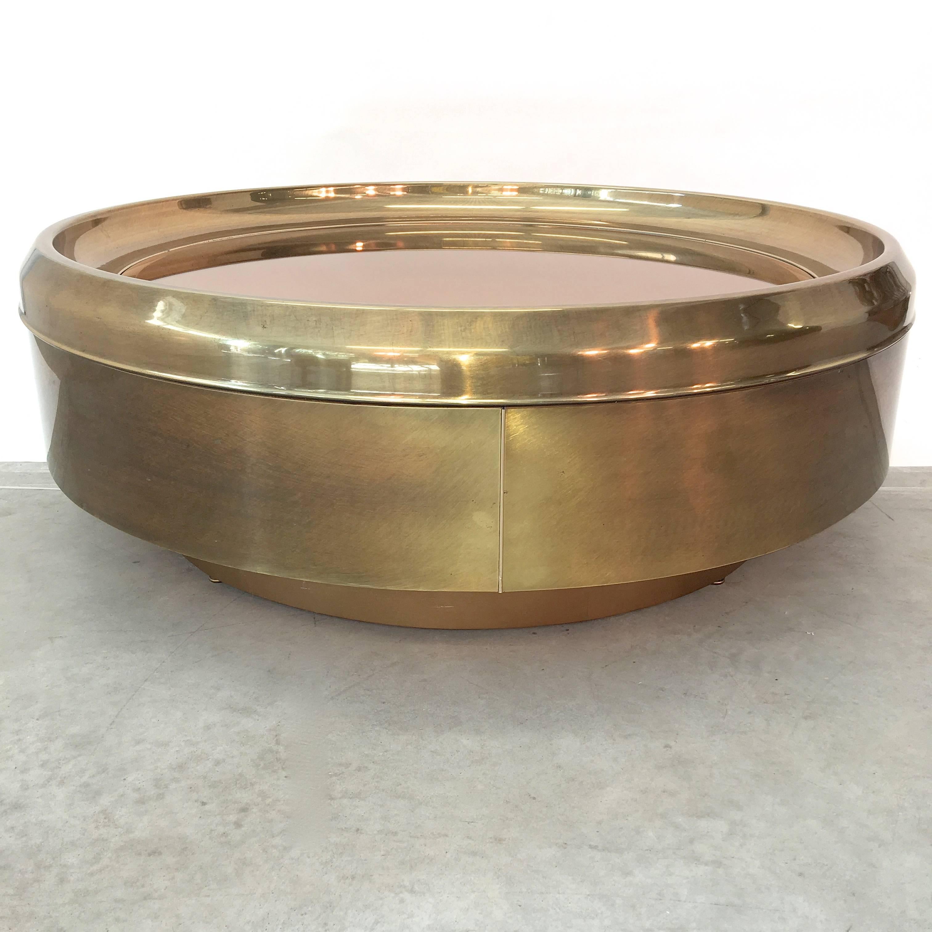 Round Brass and Bronze Mirror Cocktail Table by Mastercraft 6