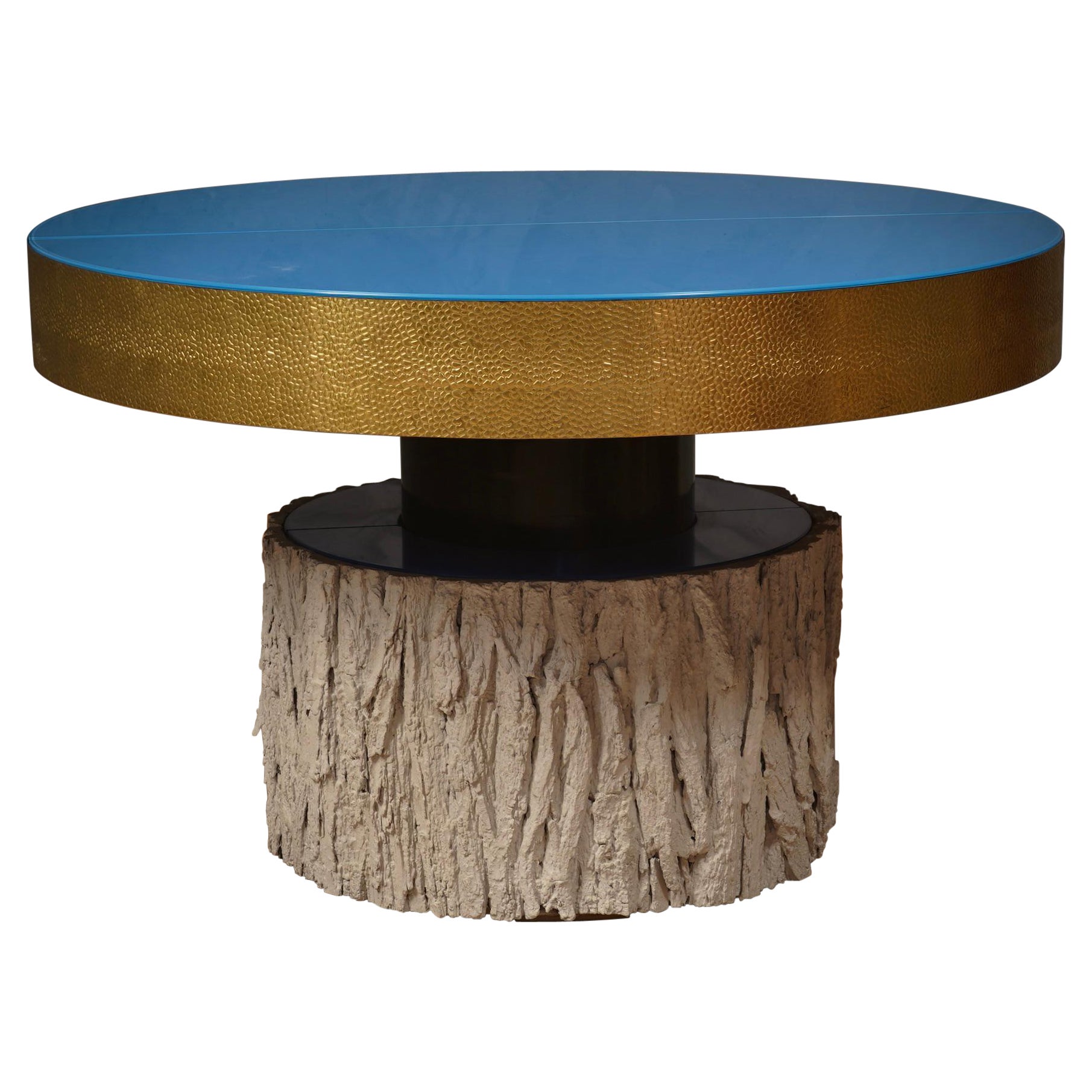 Round Brass and Colored Glass Italian Extendable Center Dinning Table, 2000