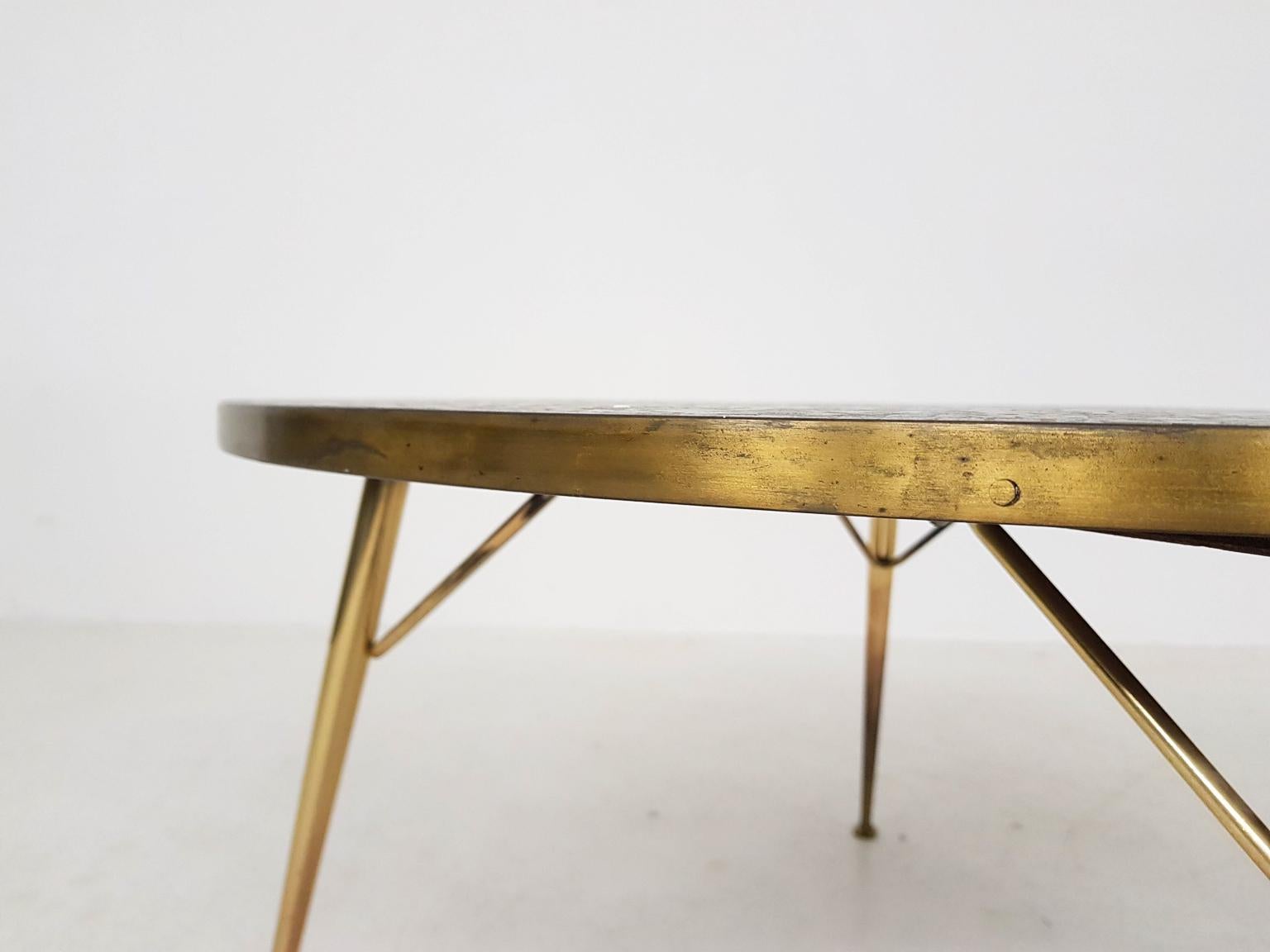 Round Brass and Mosaic Coffee Table by Berthold Müller, Germany, 1950s 5
