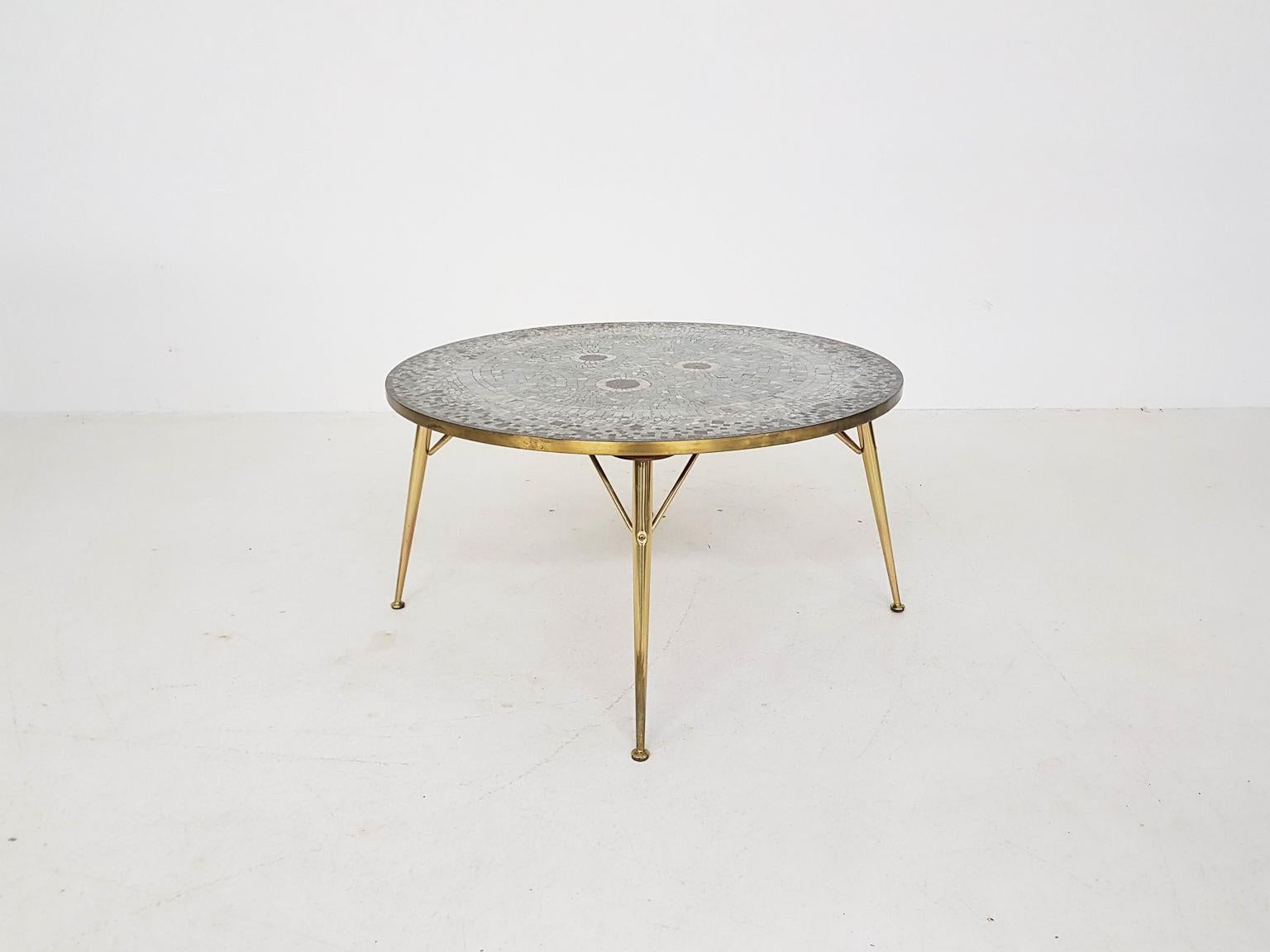 Mid-Century Modern Round Brass and Mosaic Coffee Table by Berthold Müller, Germany, 1950s