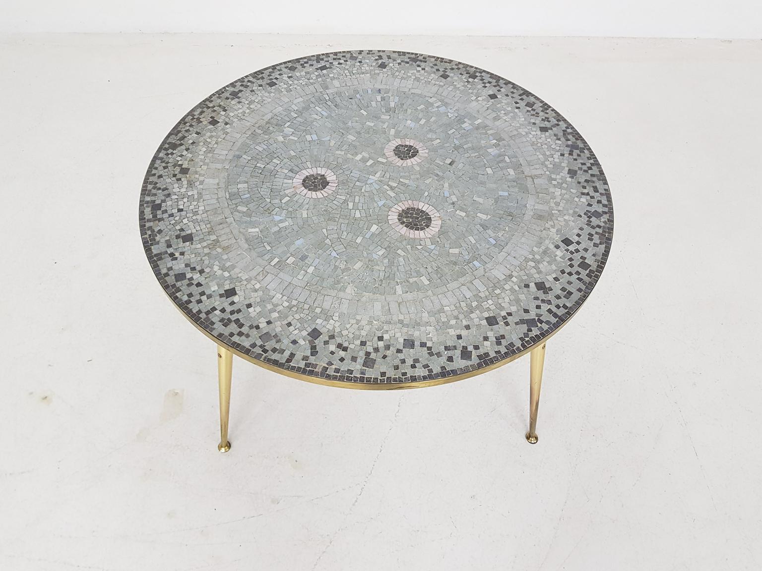 Round Brass and Mosaic Coffee Table by Berthold Müller, Germany, 1950s In Good Condition In Amsterdam, NL