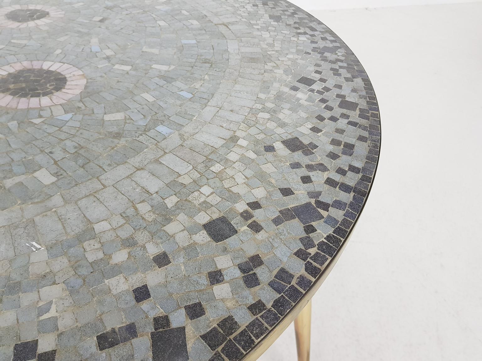 Stone Round Brass and Mosaic Coffee Table by Berthold Müller, Germany, 1950s