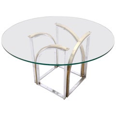 Postmodern Round Brass and Steel Dining Table by Romeo Rega with Glass Top