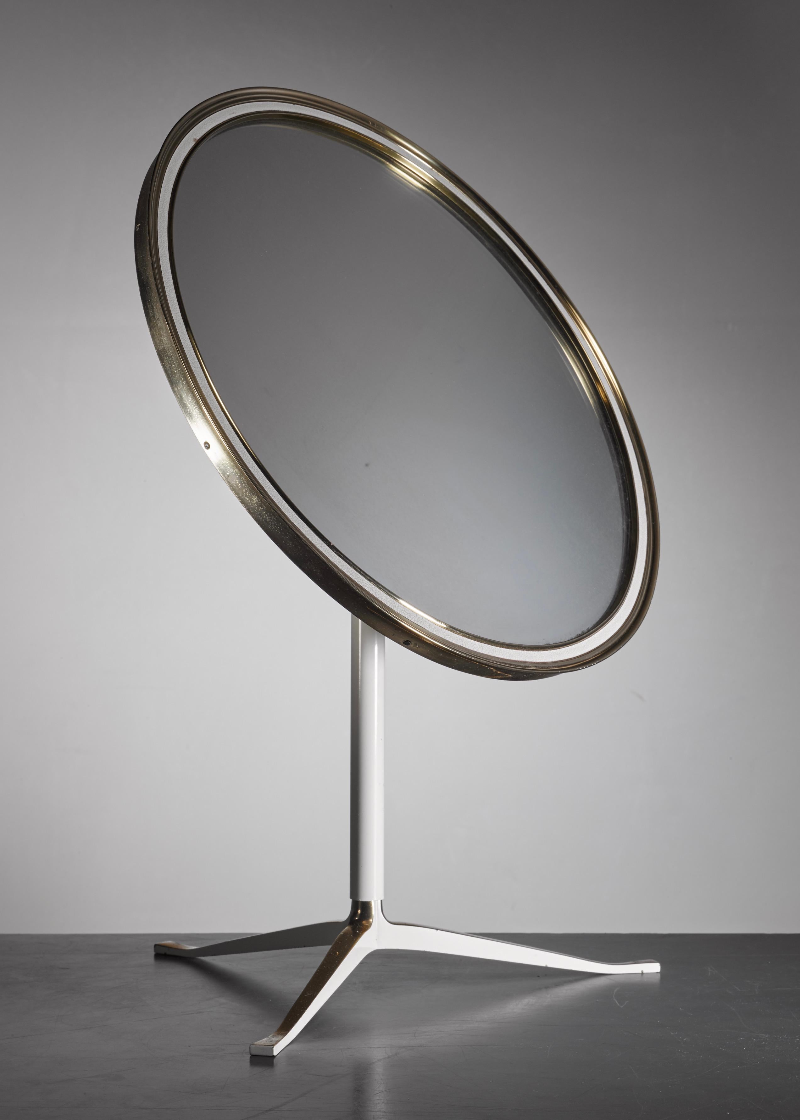 Mid-Century Modern Round Brass and White Console or Vanity Mirror, Germany, 1950s For Sale