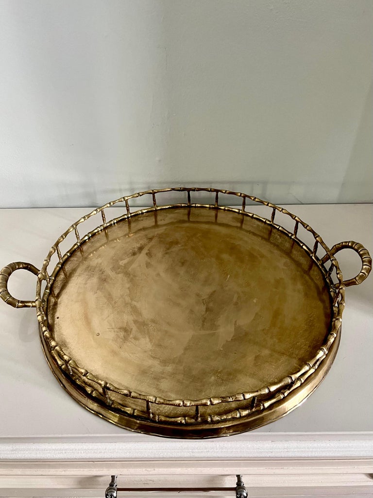 Mid-Century Modern Round Brass Bamboo Tray in the Style of Ralph Lauren For Sale