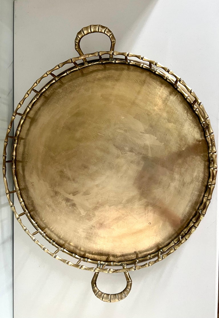 Polished Round Brass Bamboo Tray in the Style of Ralph Lauren For Sale