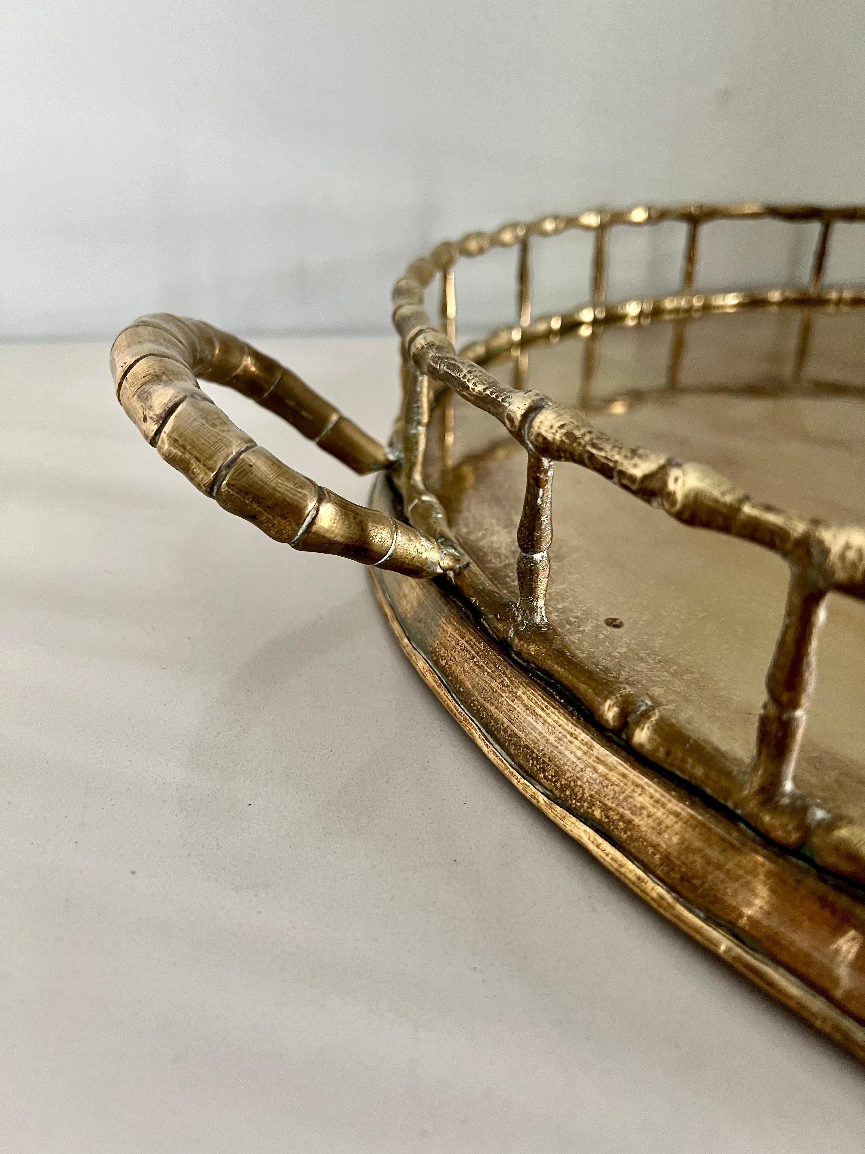 Mid-Century Modern Round Brass Bamboo Tray in the Style of Ralph Lauren