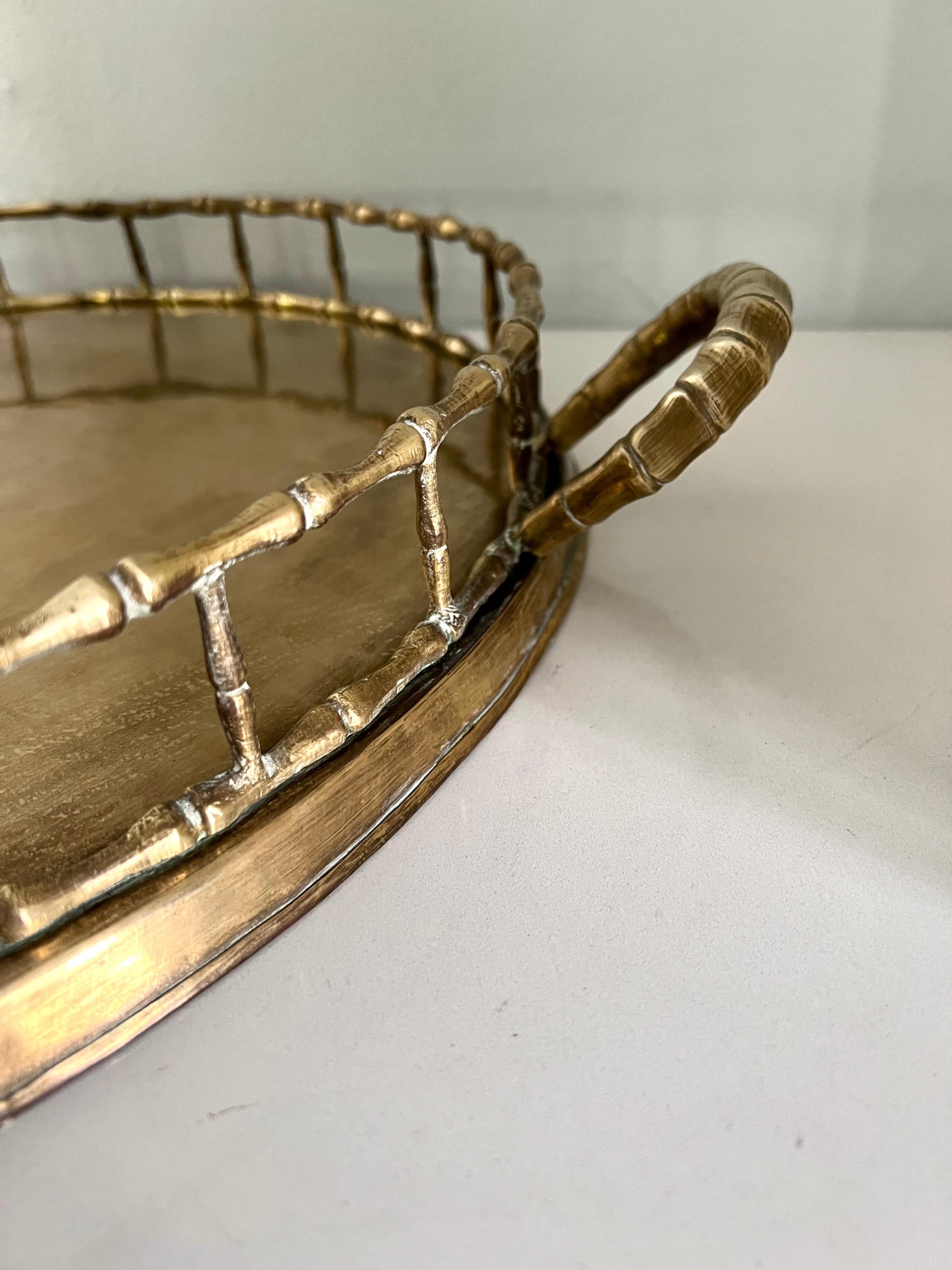 Polished Round Brass Bamboo Tray in the Style of Ralph Lauren