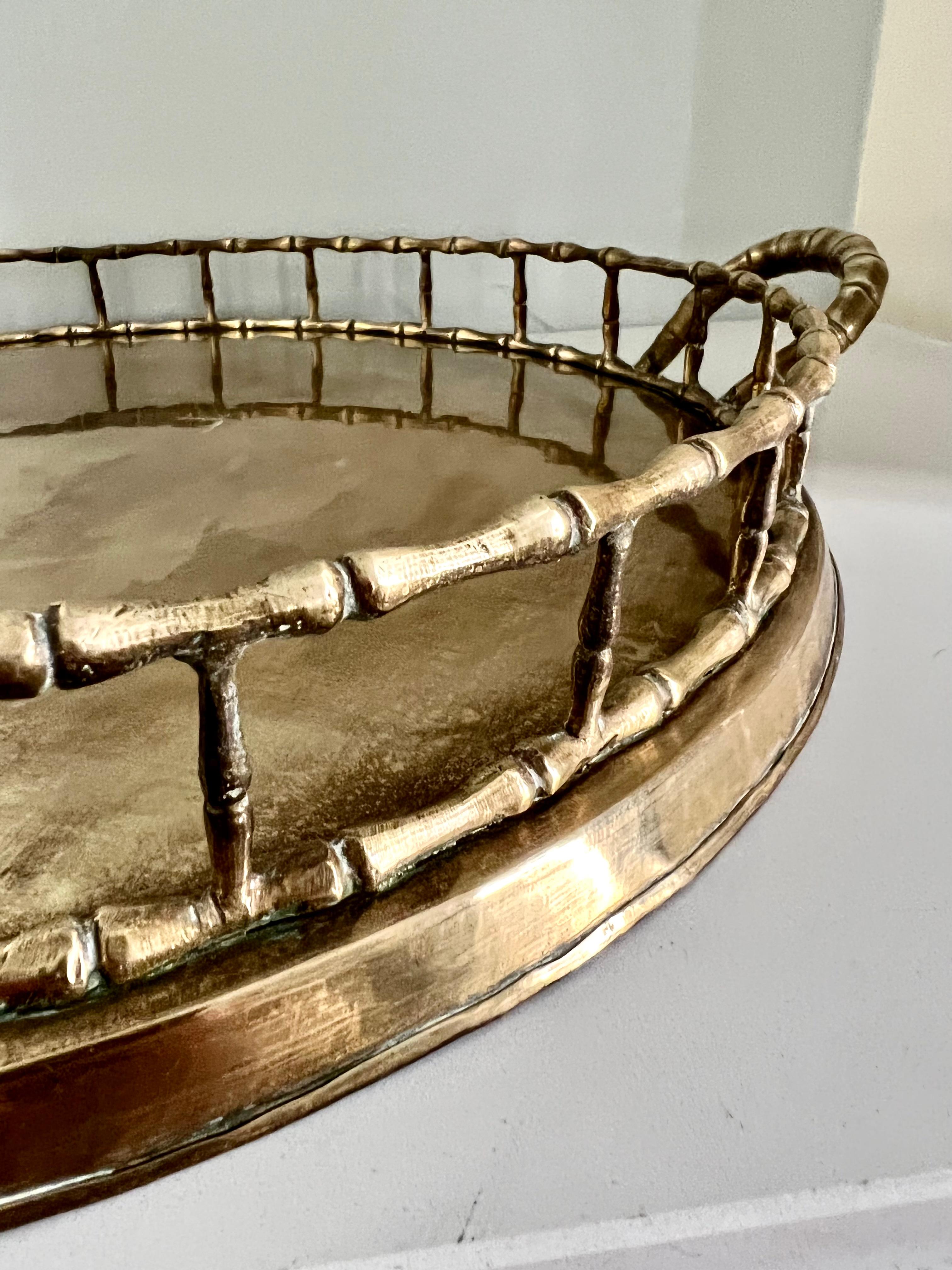 Round Brass Bamboo Tray in the Style of Ralph Lauren In Good Condition In Los Angeles, CA