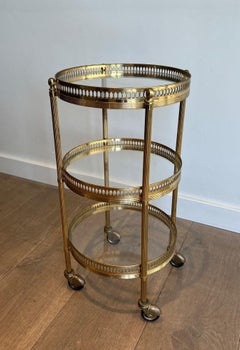 Round Brass Bar Cart with Three Tiers. French Work in the Style of Maison Jansen