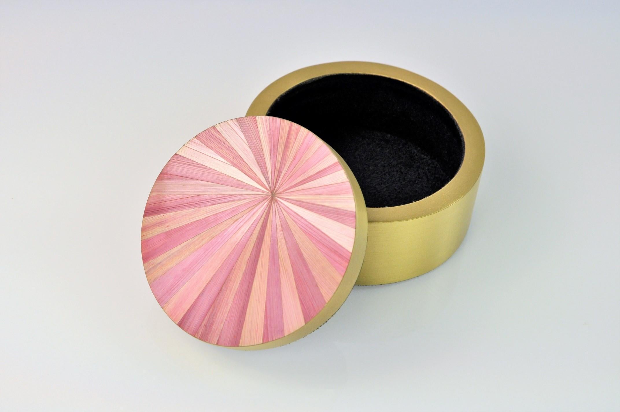 Art Deco Round Brass Box with a Pink Straw Marquetry Lid by Ginger Brown
