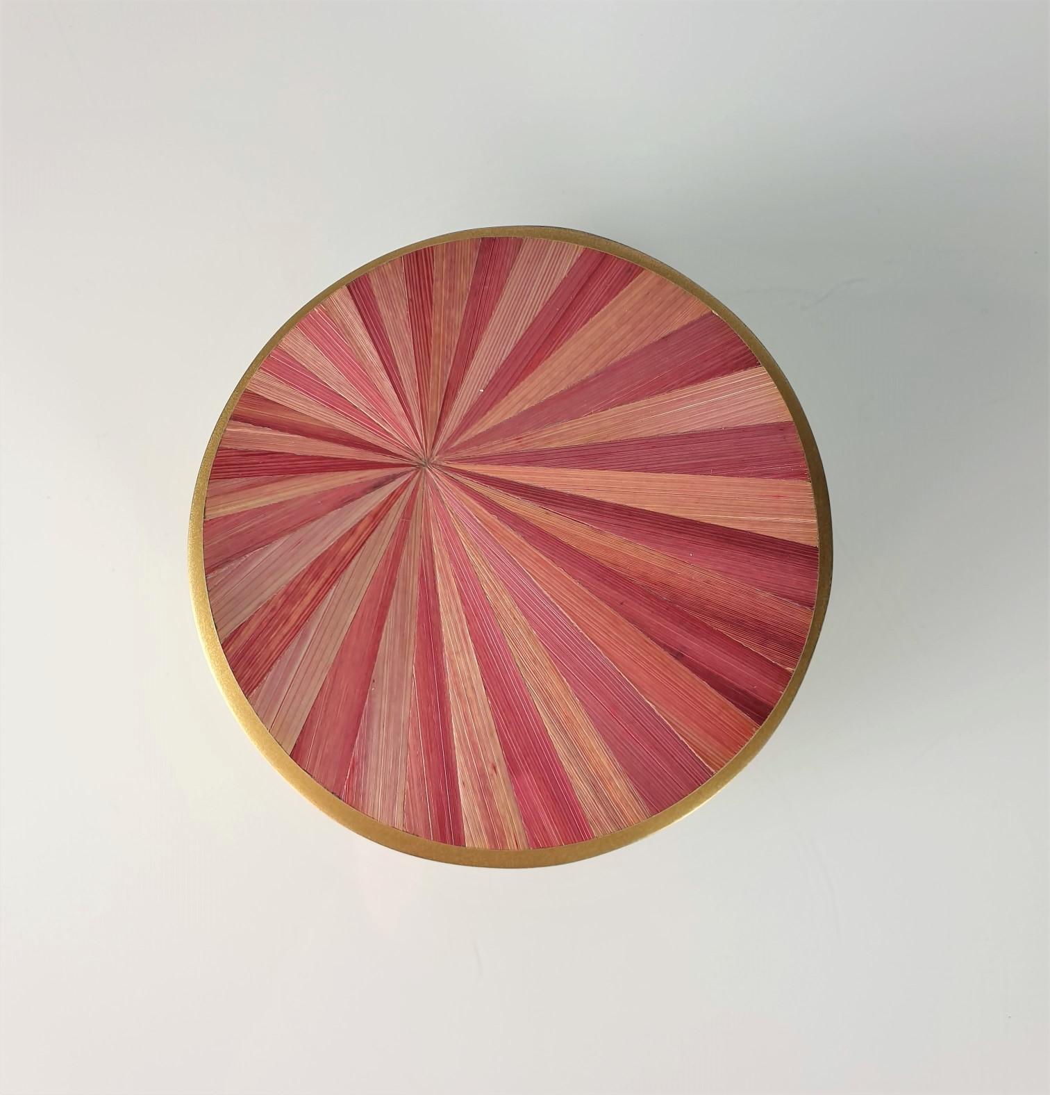 Brushed Round Brass Box with a Pink Straw Marquetry Lid by Ginger Brown