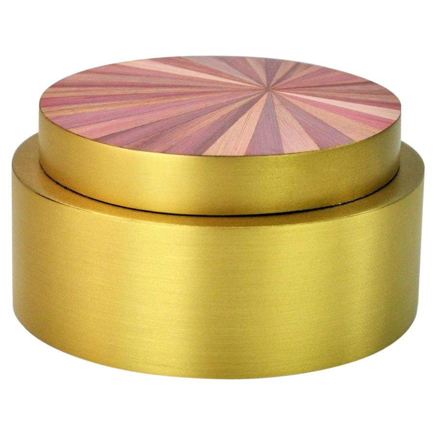 Round Brass Box with a Pink Straw Marquetry Lid by Ginger Brown