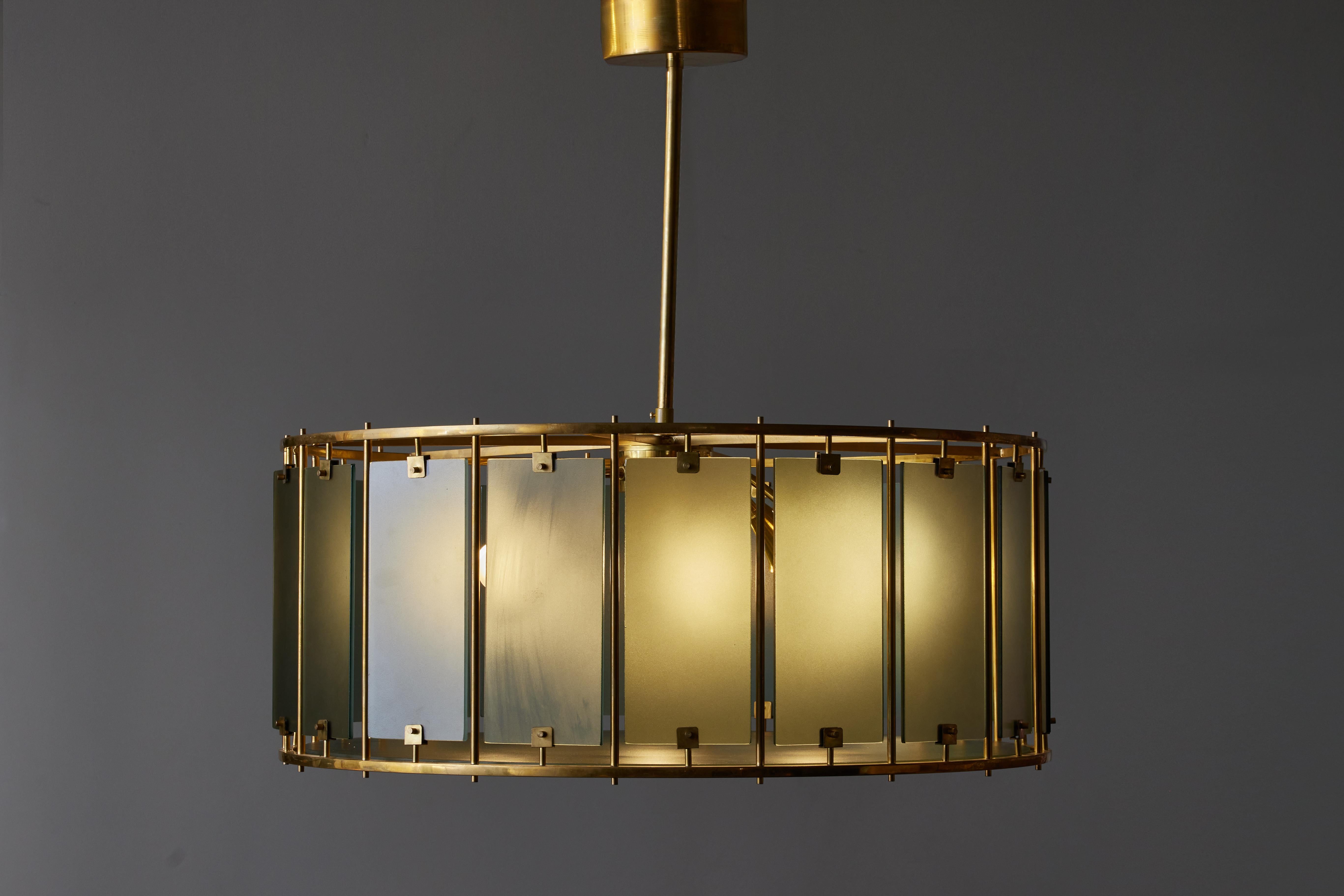 Modern Round Brass Chandelier with Frosted Glass Panels For Sale