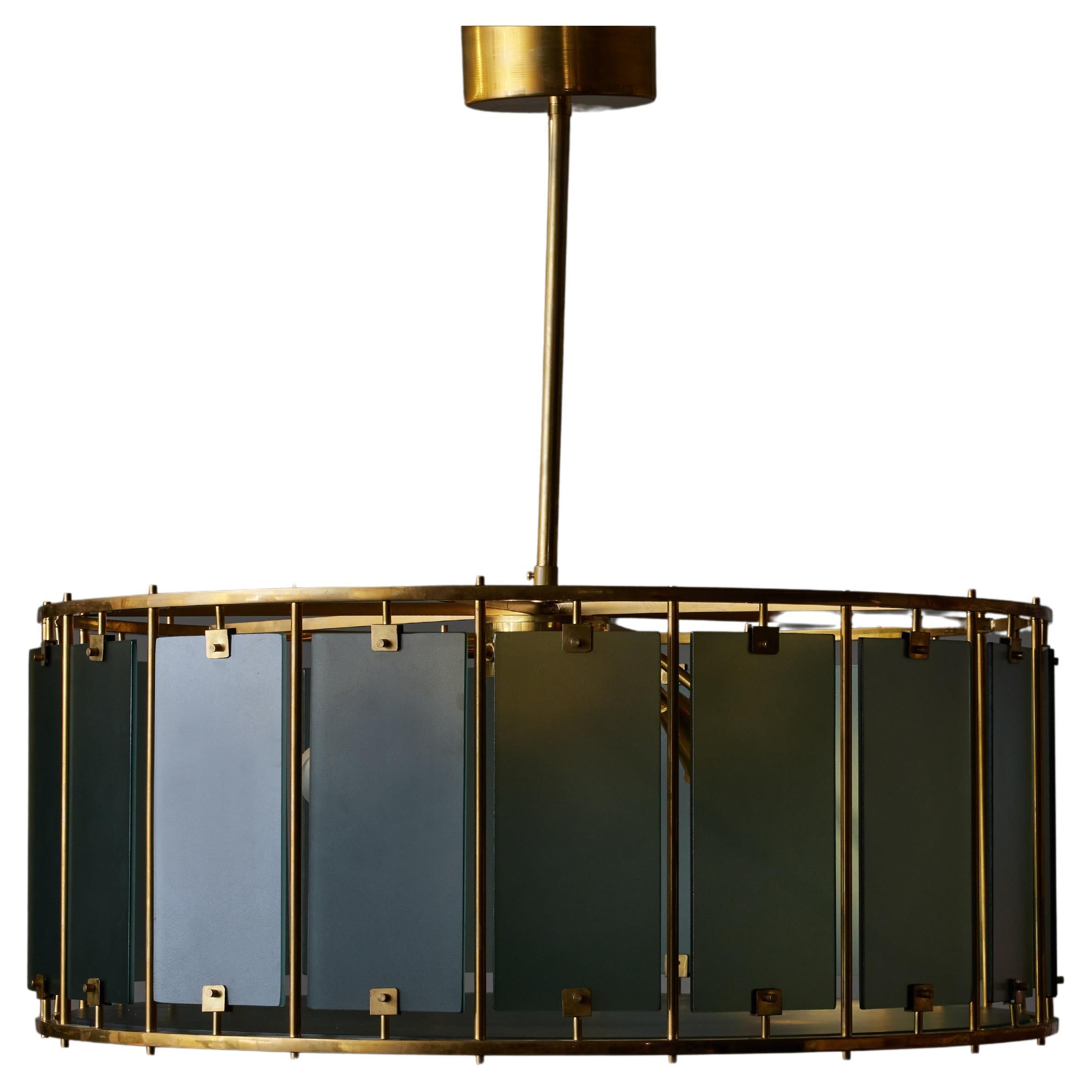 Round Brass Chandelier with Frosted Glass Panels