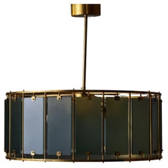 Round Brass Chandelier with Frosted Glass Panels