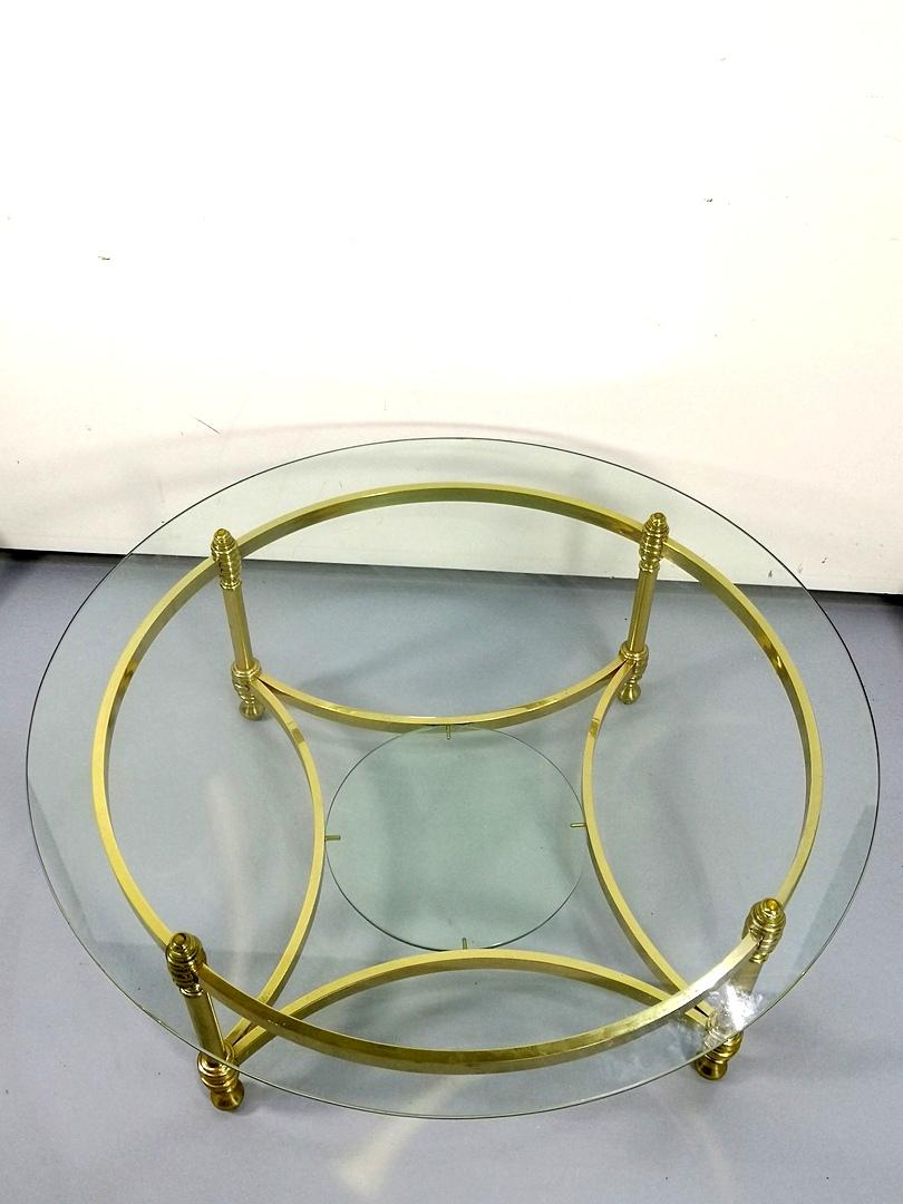 Late 20th Century Round Brass Coffee Table with Glass Top and Shelf, 1970s