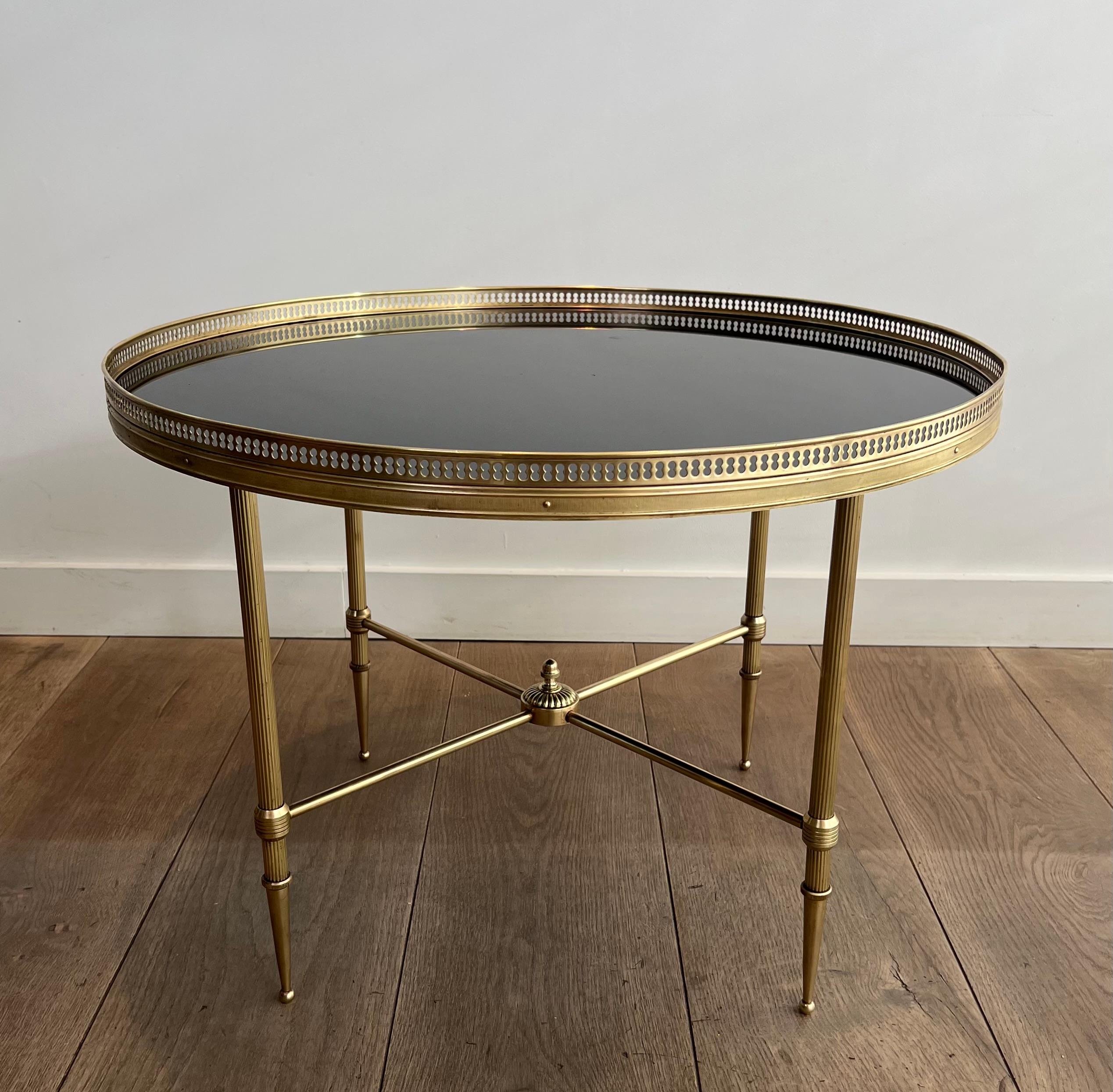 Round Brass Coffee Table with Black Lacquered Glass Top by Maison Jansen For Sale 12