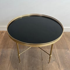 Round Brass Coffee Table with Black Lacquered Glass Top by Maison Jansen