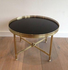 Round Brass Coffee Table with Black Lacquered Glass Top by Maison Jansen
