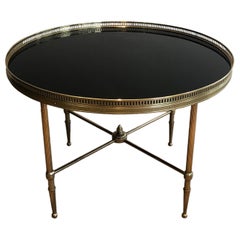 Round Brass Coffee Table with Black Lacquered Glass Top by Maison Jansen
