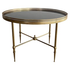 Round Brass Coffee Table with Black Lacquered Glass Top by Maison Jansen